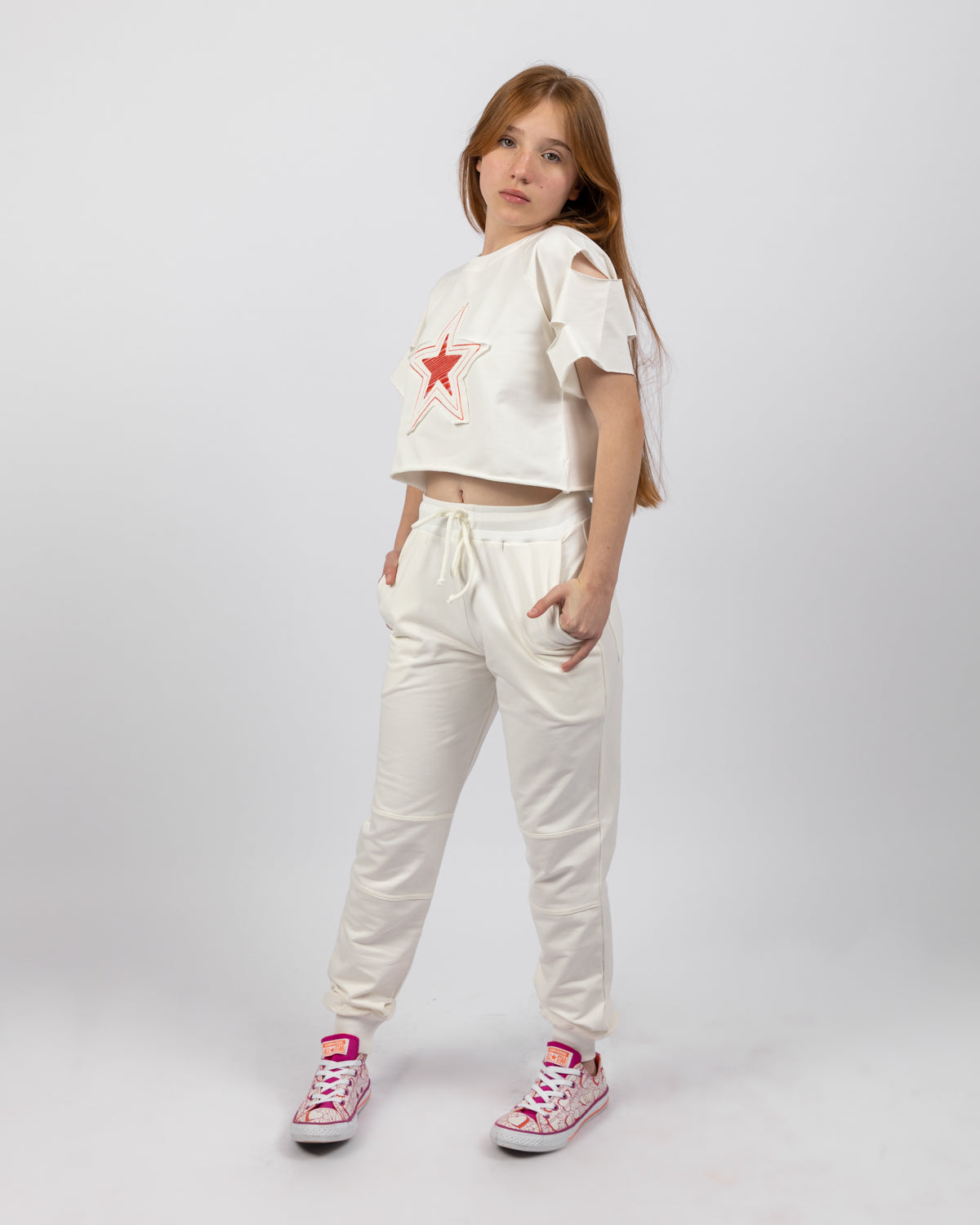 Star Embroidered Cropped Sweatshirt For Girls - White