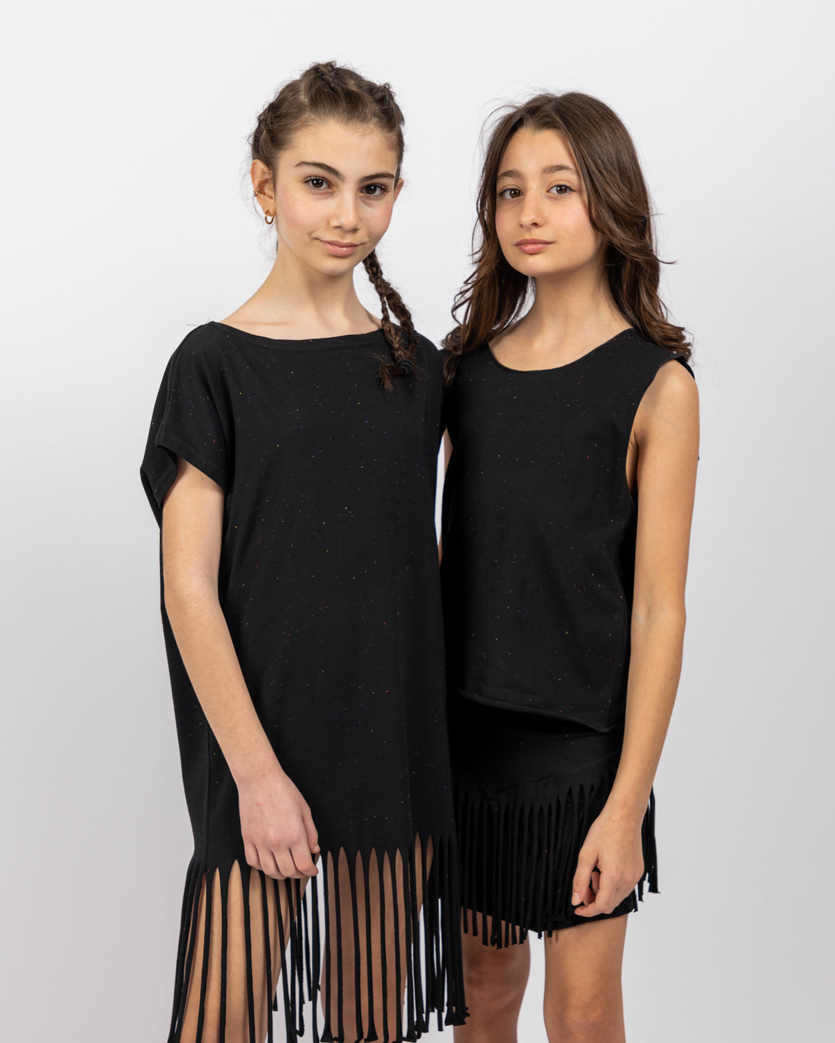 Ribbed Dress With Fringes  For Girls -Black