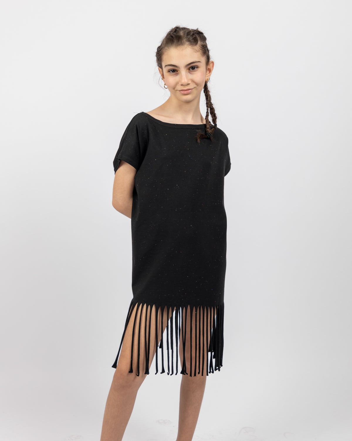 Ribbed Dress With Fringes  For Girls -Black