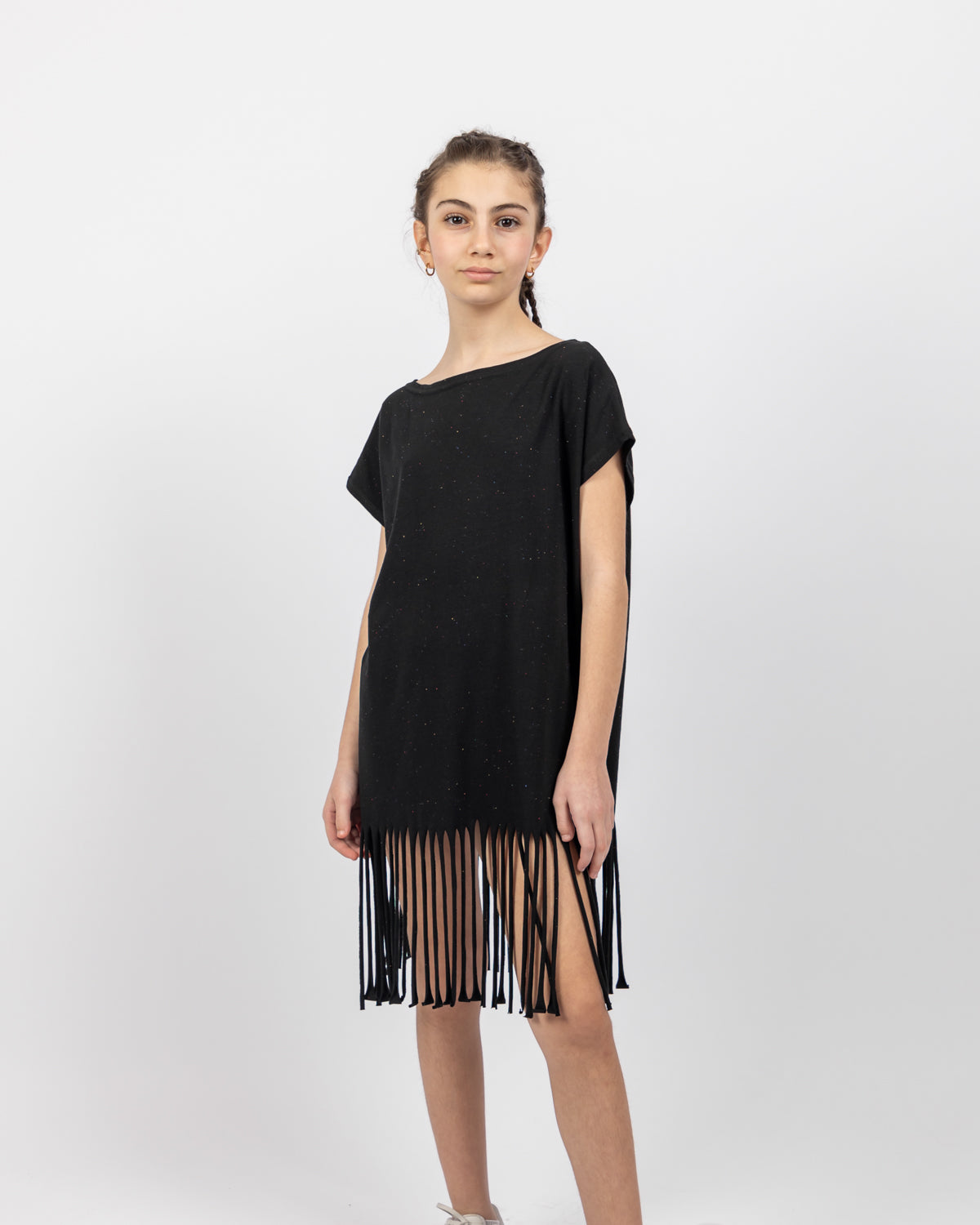 Ribbed Dress With Fringes  For Girls -Black