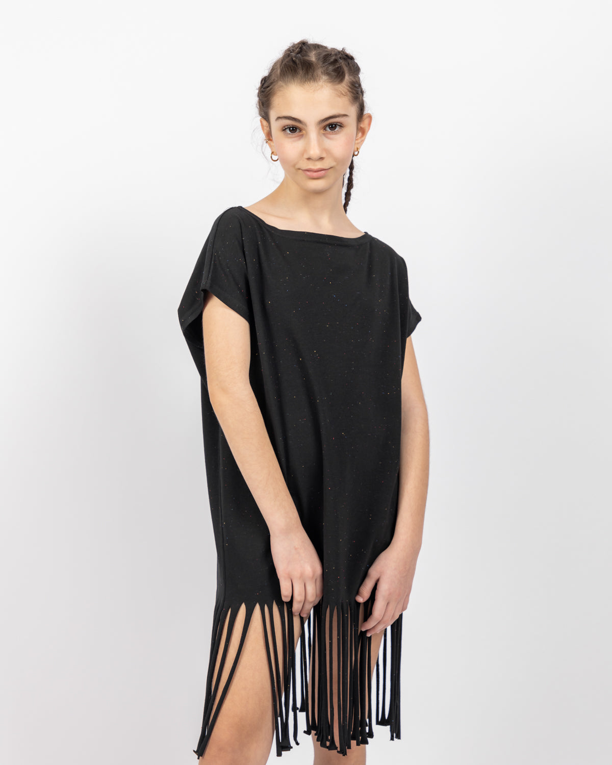 Ribbed Dress With Fringes  For Girls -Black
