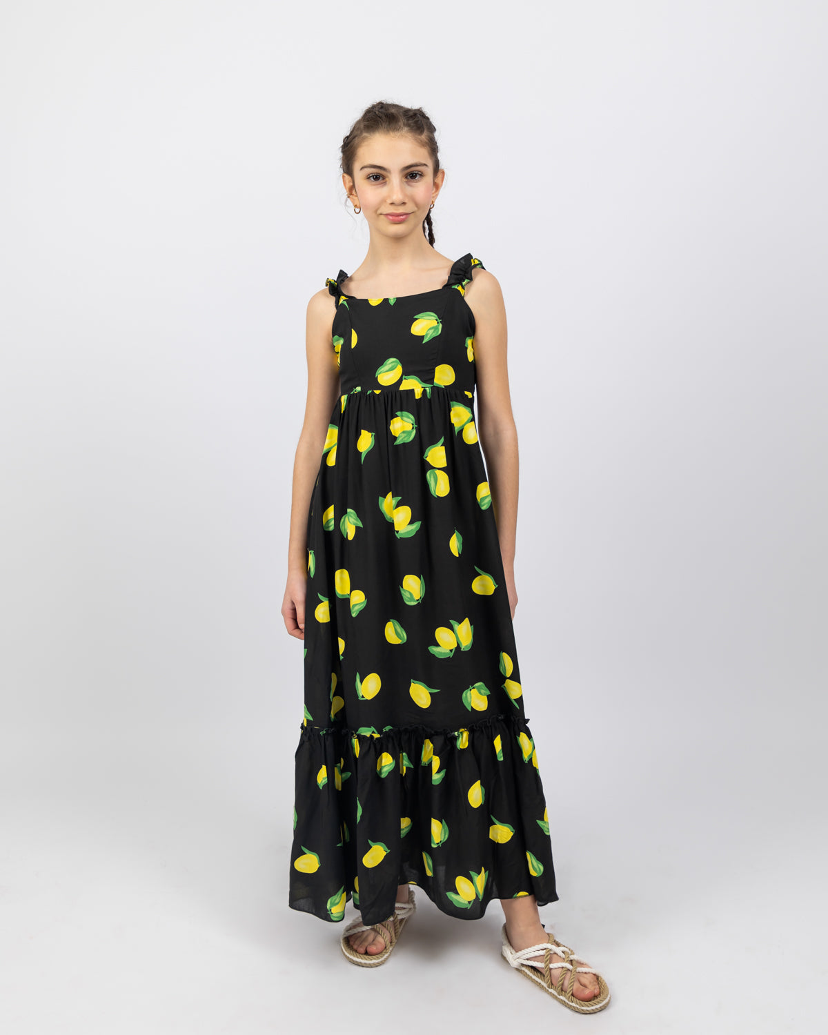 Lemon Print Long Dress For Girls - Black