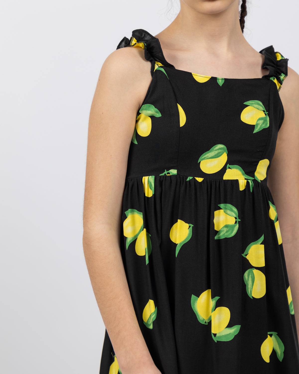 Lemon Print Long Dress For Girls - Black