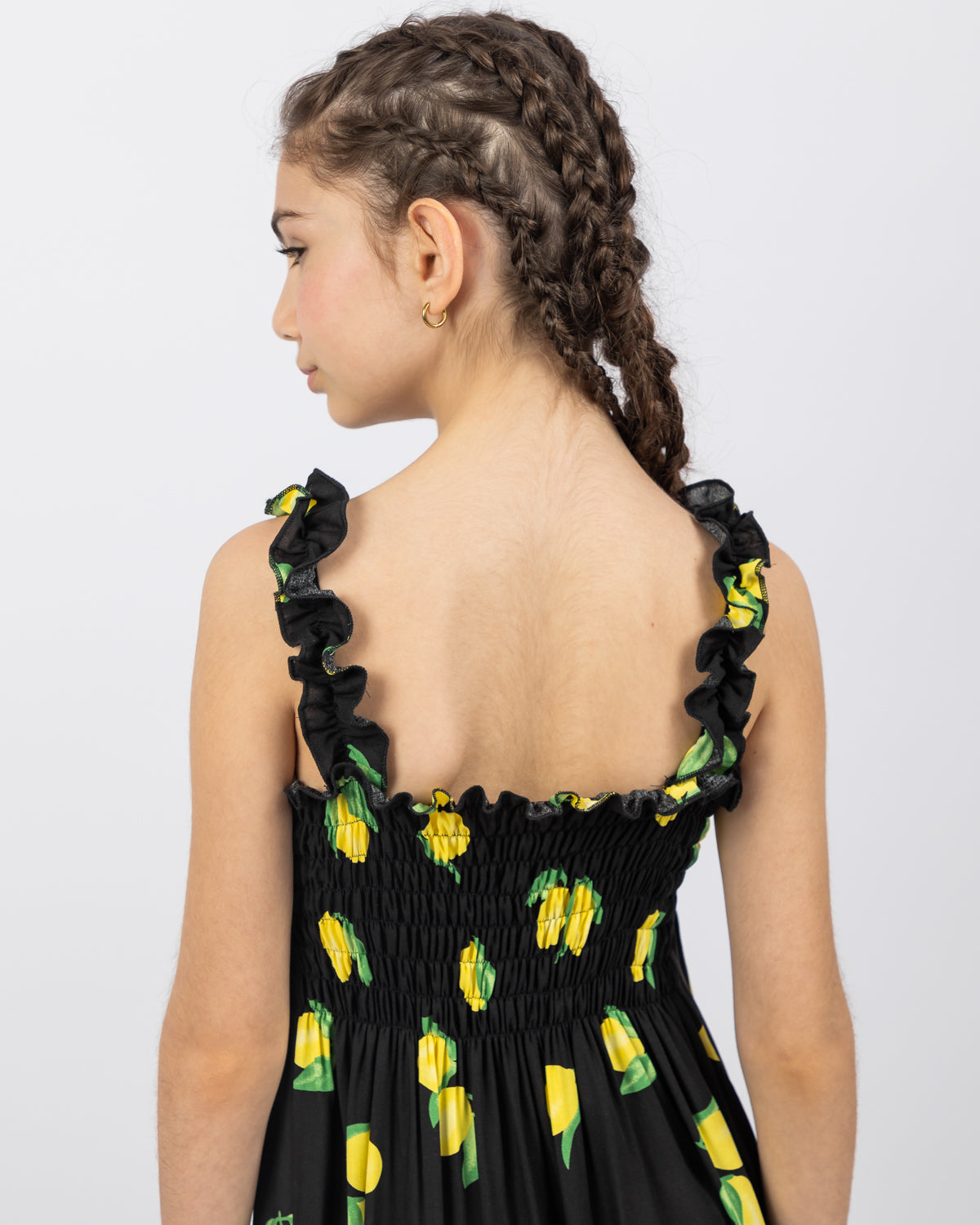 Lemon Print Long Dress For Girls - Black