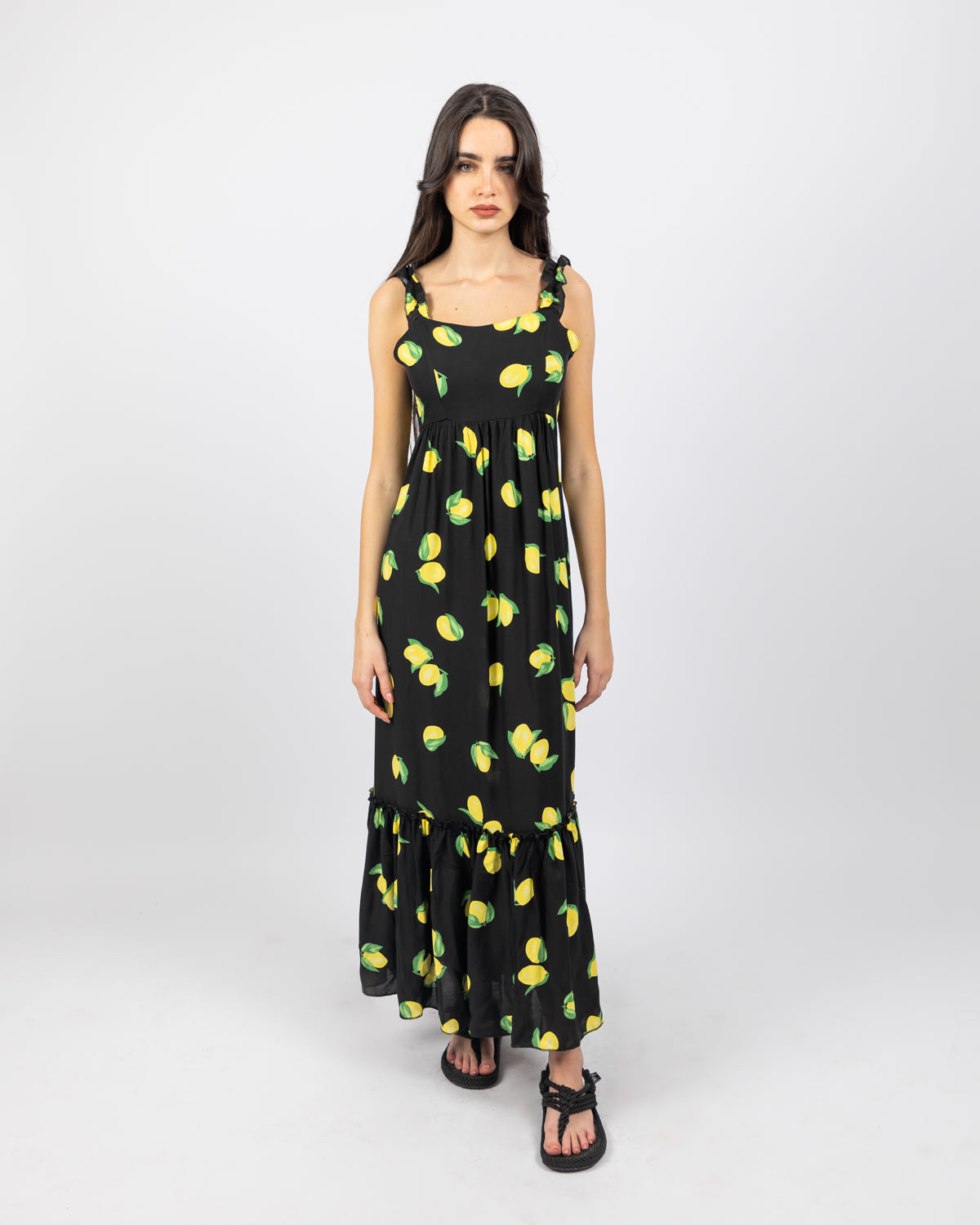 Lemon Print Long Dress For Women - Black