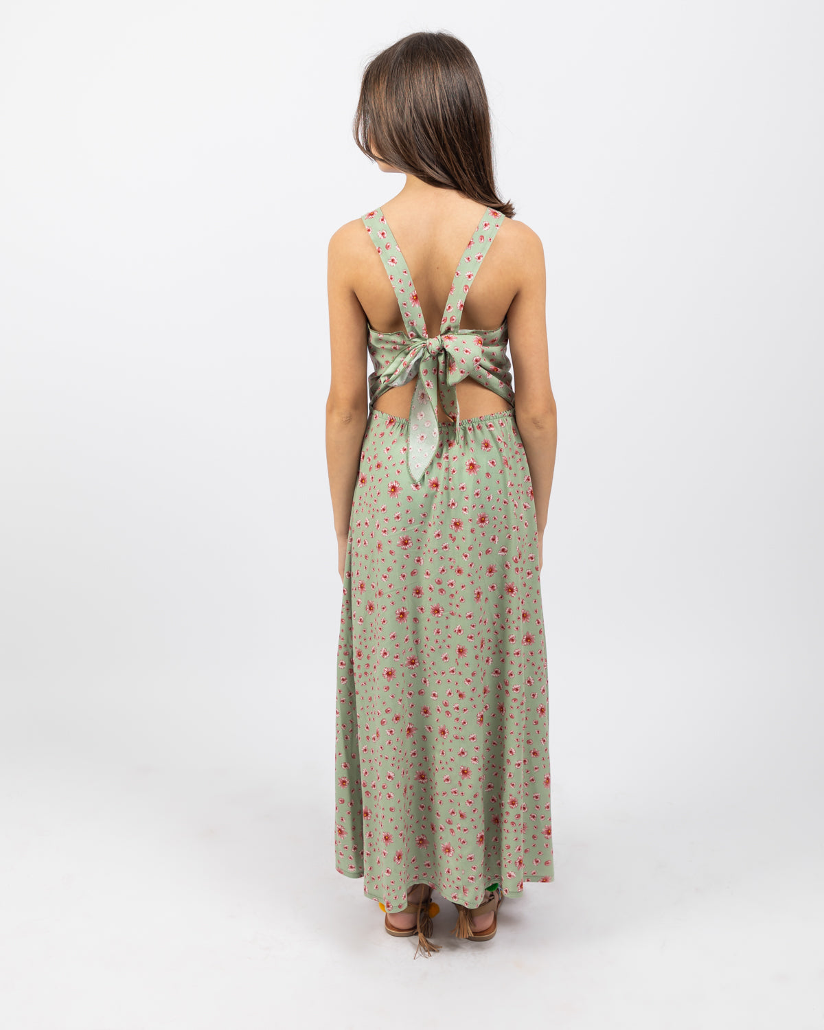 Sleeveless Floral Dress For Girls - Green