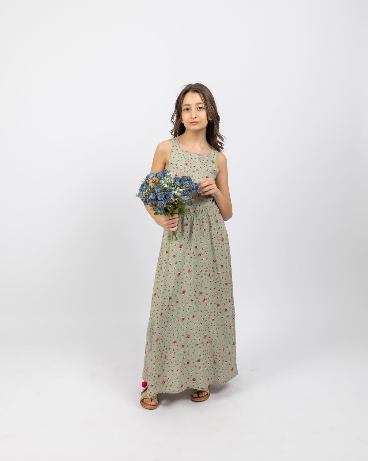 Sleeveless Floral Dress For Girls - Green