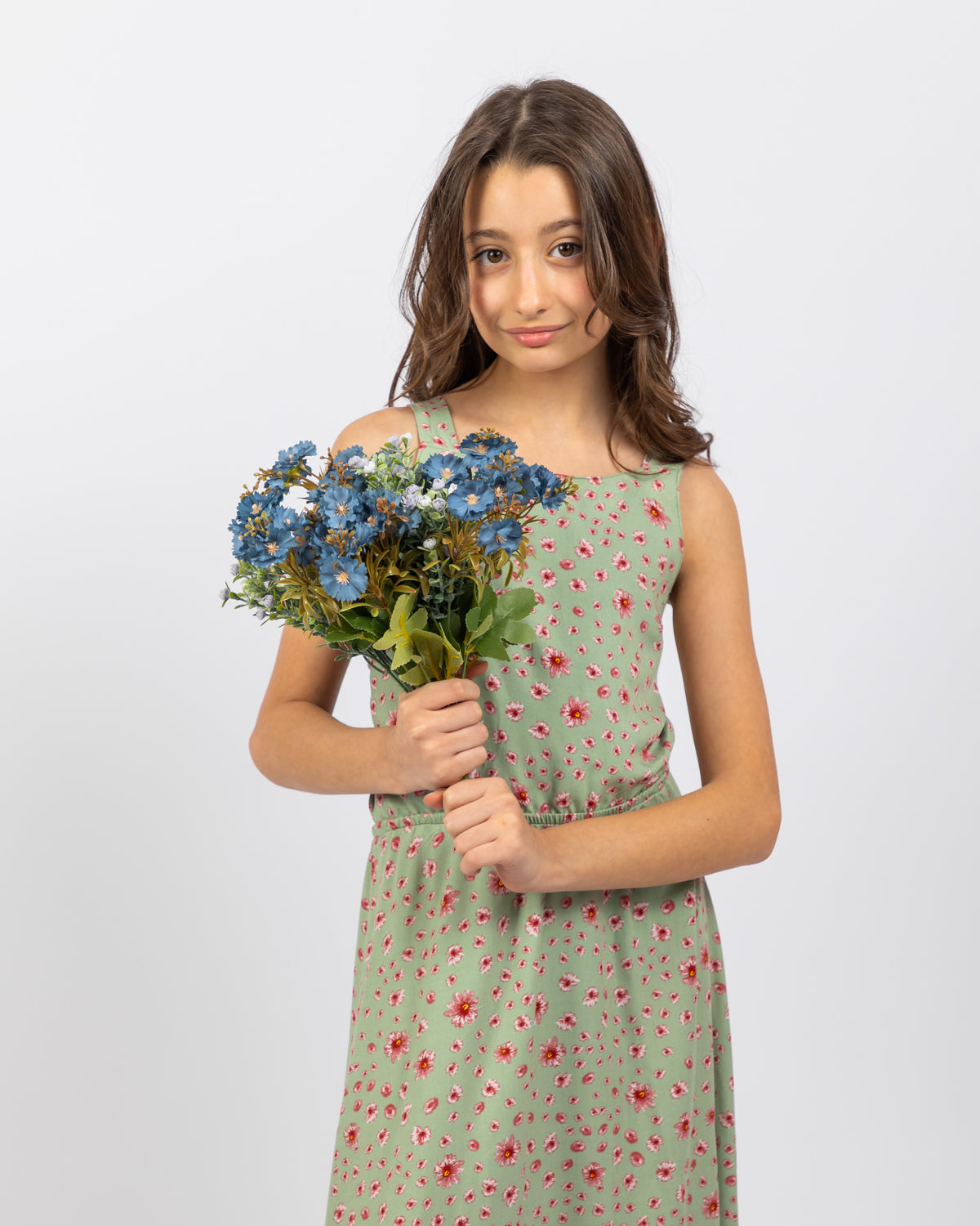 Sleeveless Floral Dress For Girls - Green