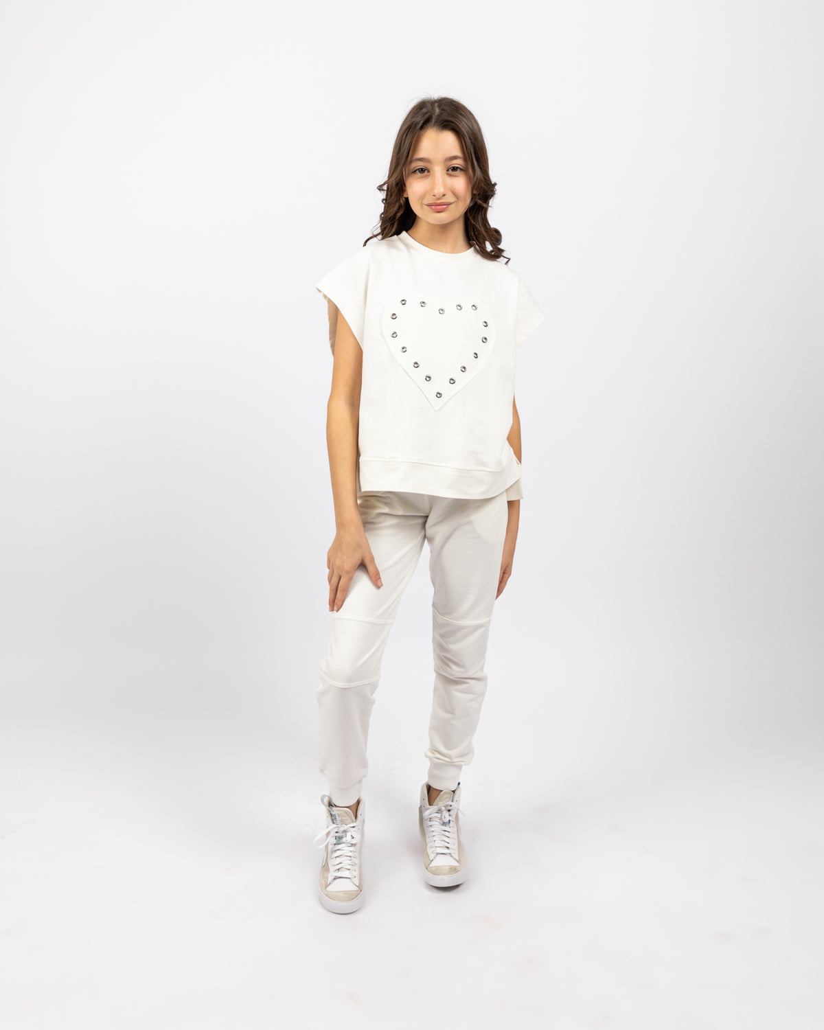 Heart Sweatshirt With Studs For Girls - White
