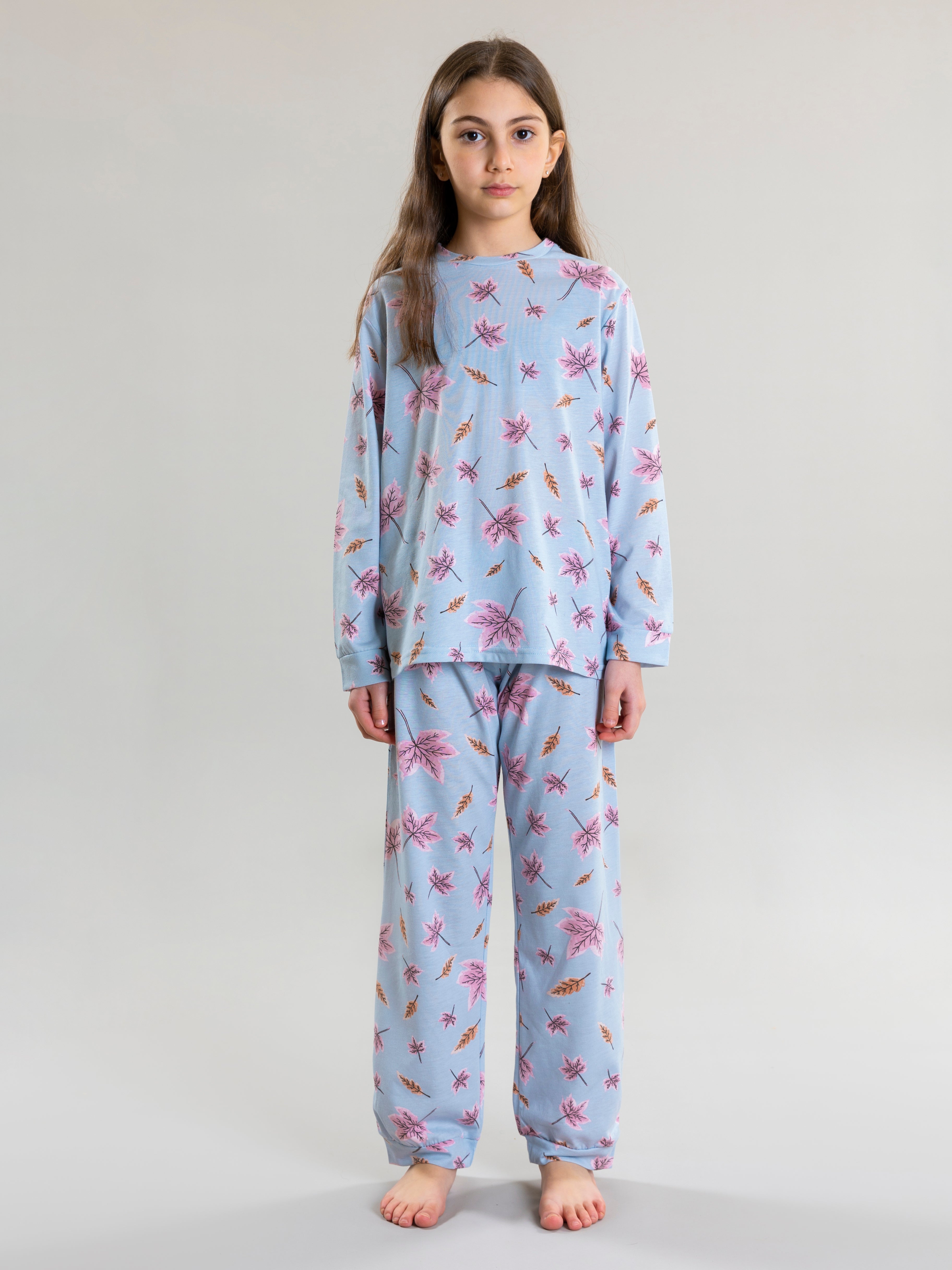 Autumn Leaves Pyjama Set For Girls - Blue - Pear