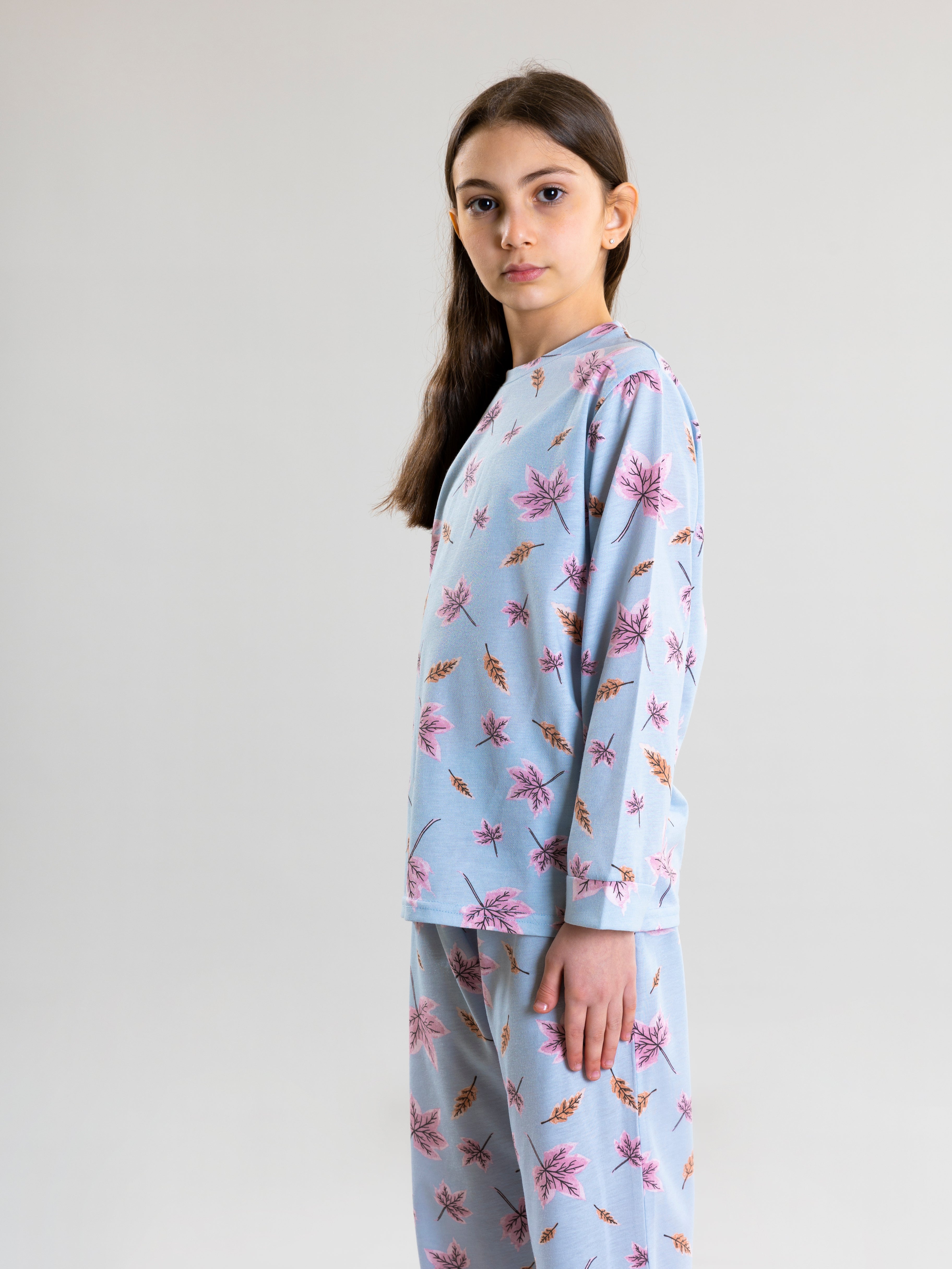 Autumn Leaves Pyjama Set For Girls - Blue - Pear