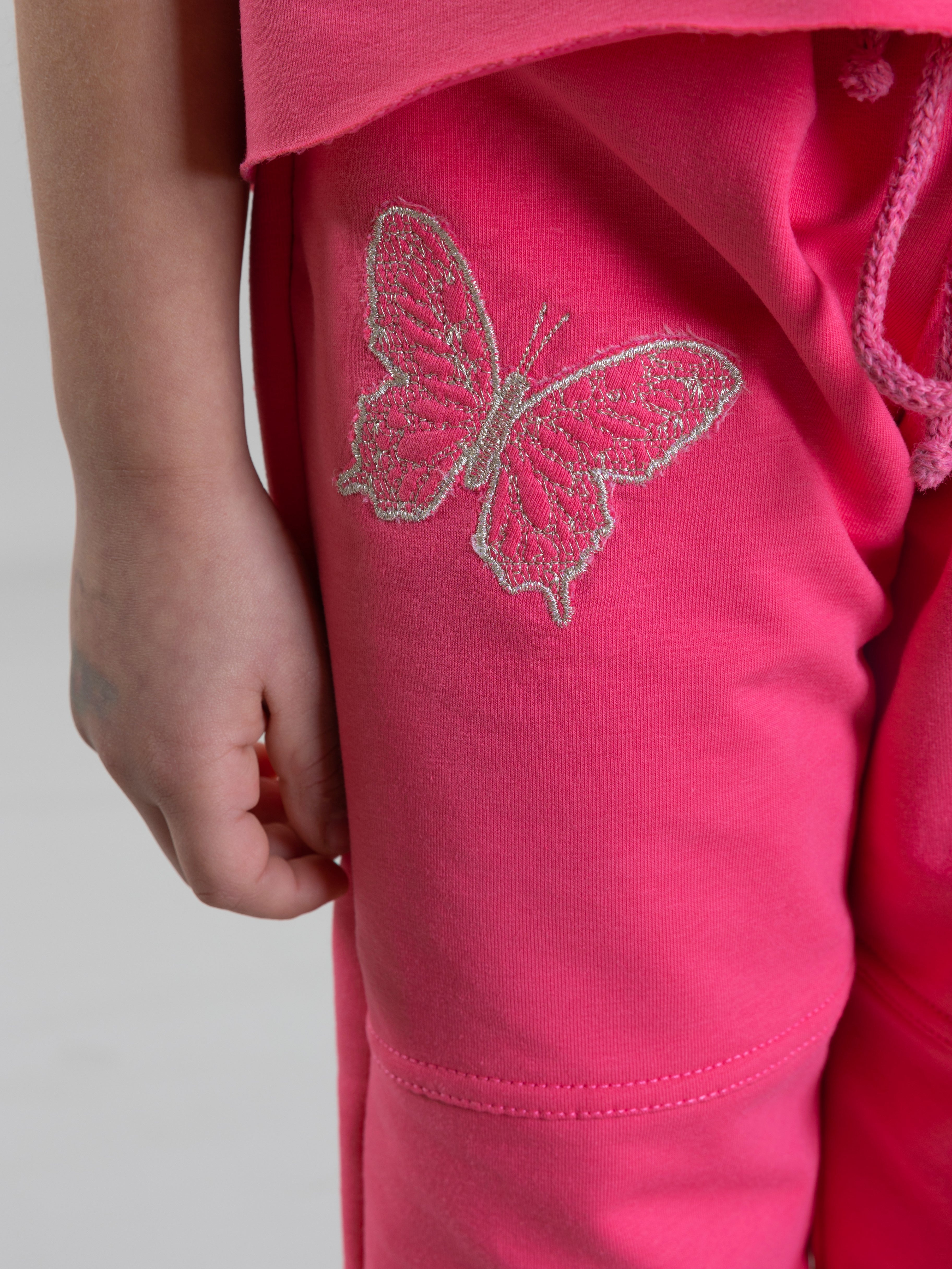 Butterfly Embroidered Sweat Pant For Girls - Fuchsia