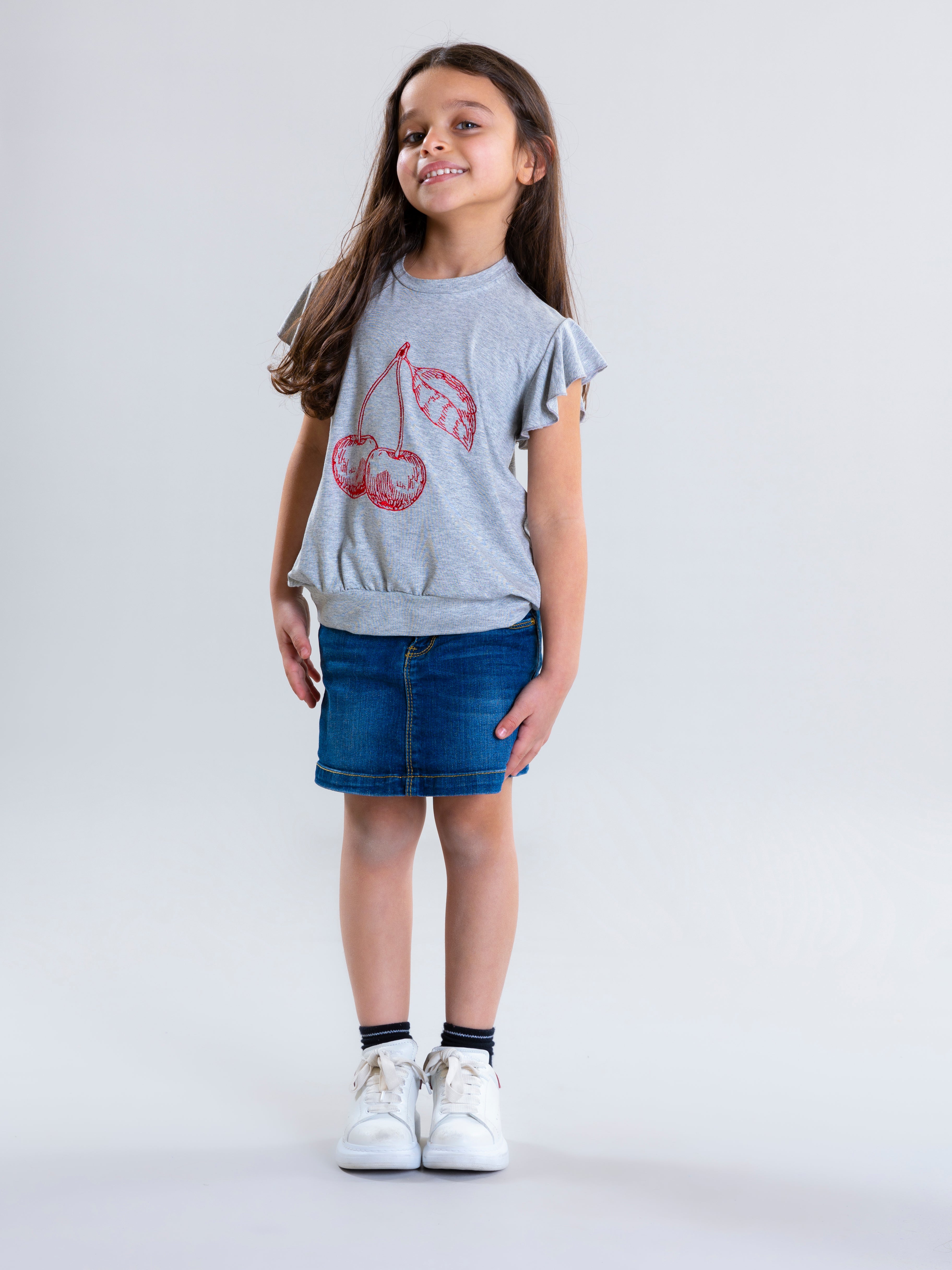 Cherry Embroidered Top For Girls - Grey