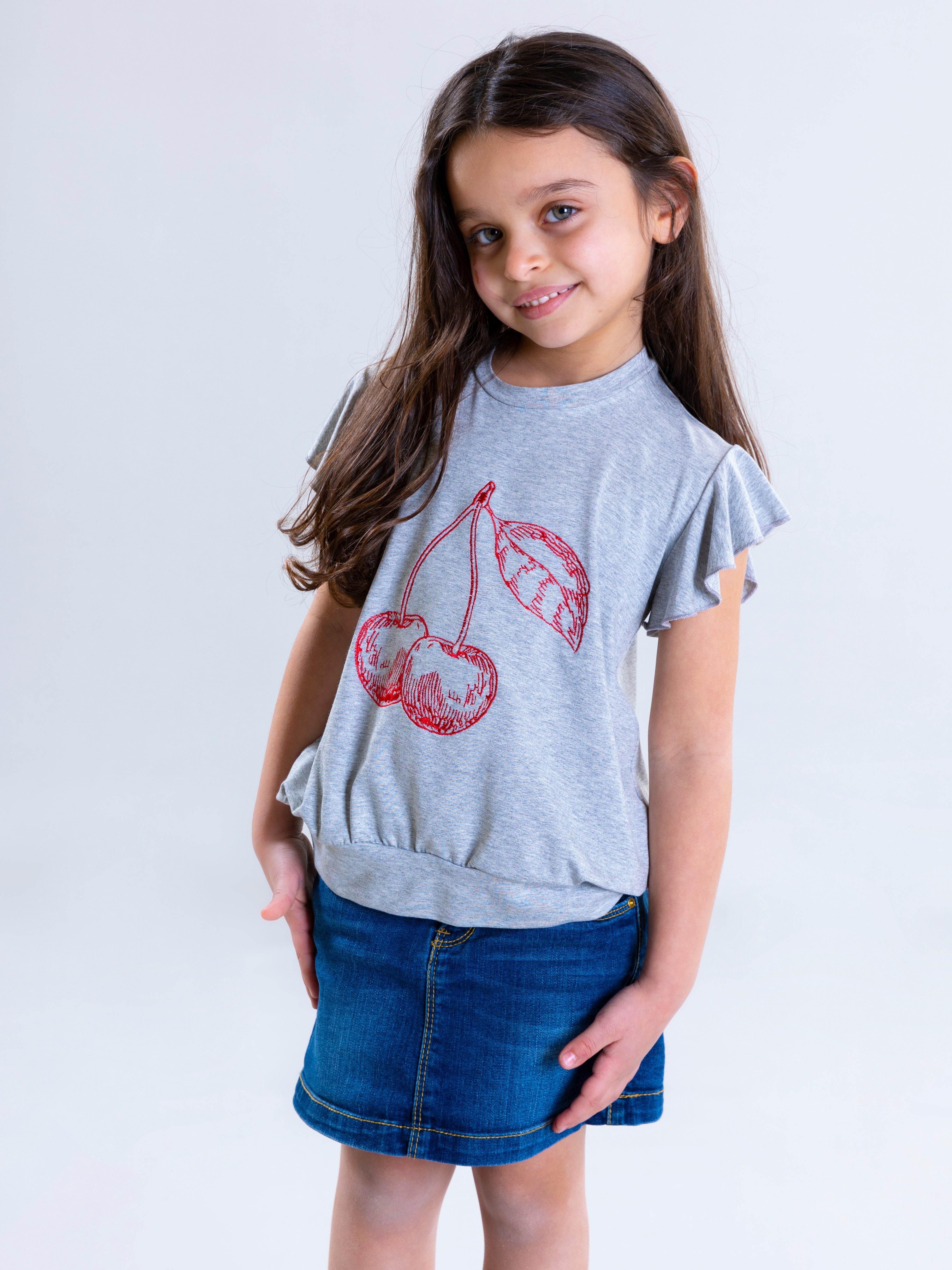 Cherry Embroidered Top For Girls - Grey