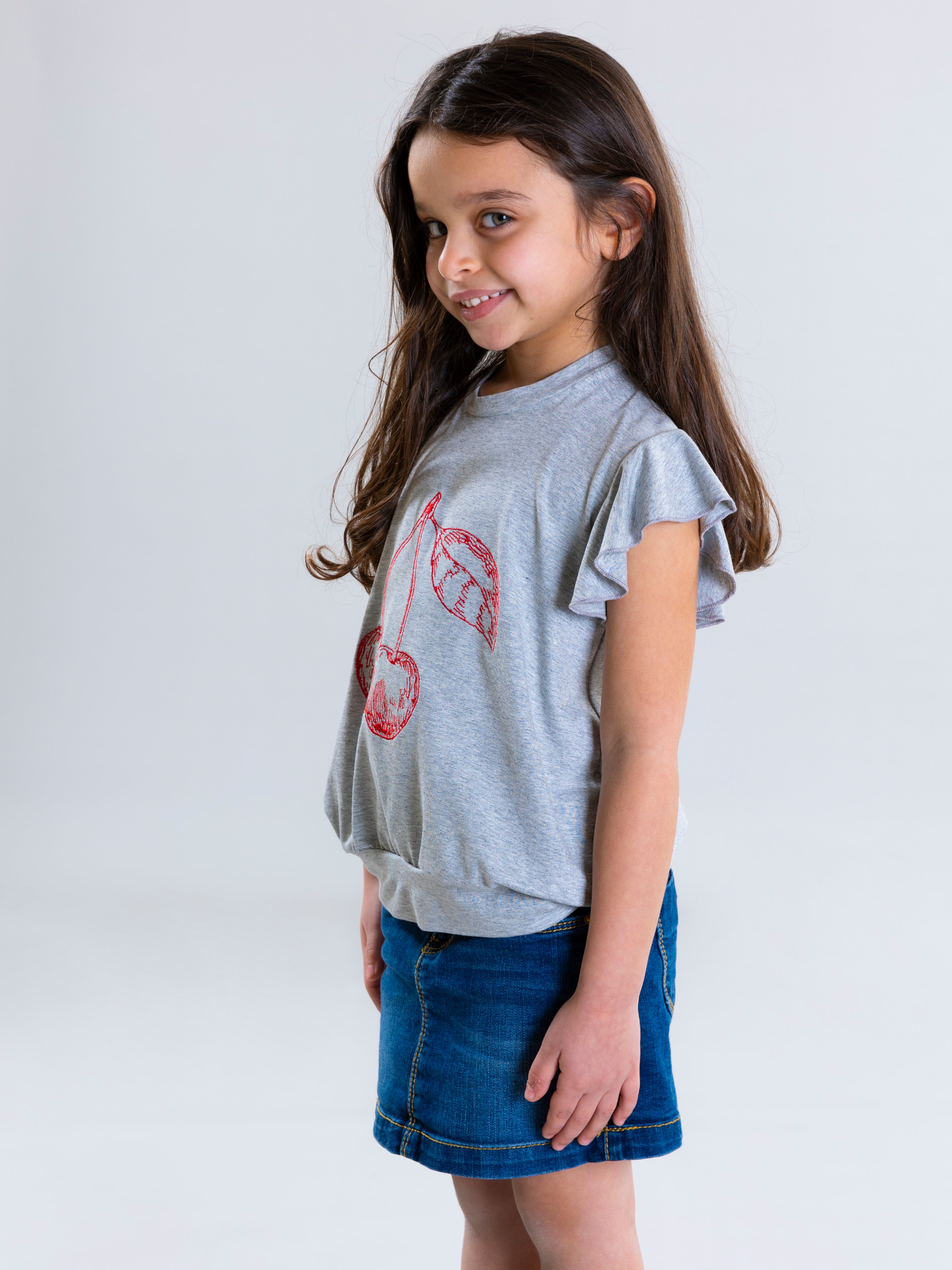 Cherry Embroidered Top For Girls - Grey