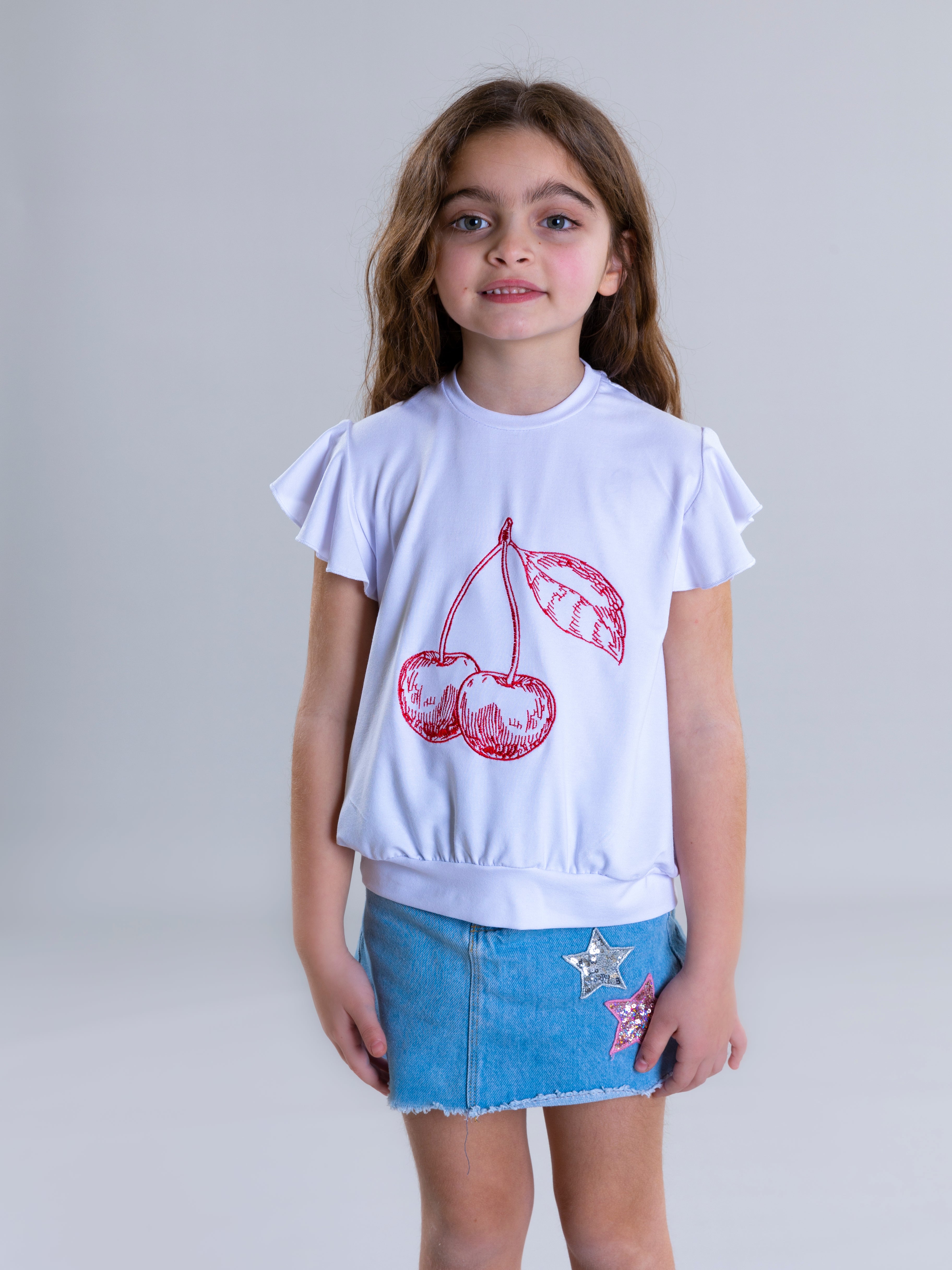 Cherry Embroidered Top For Girls - White