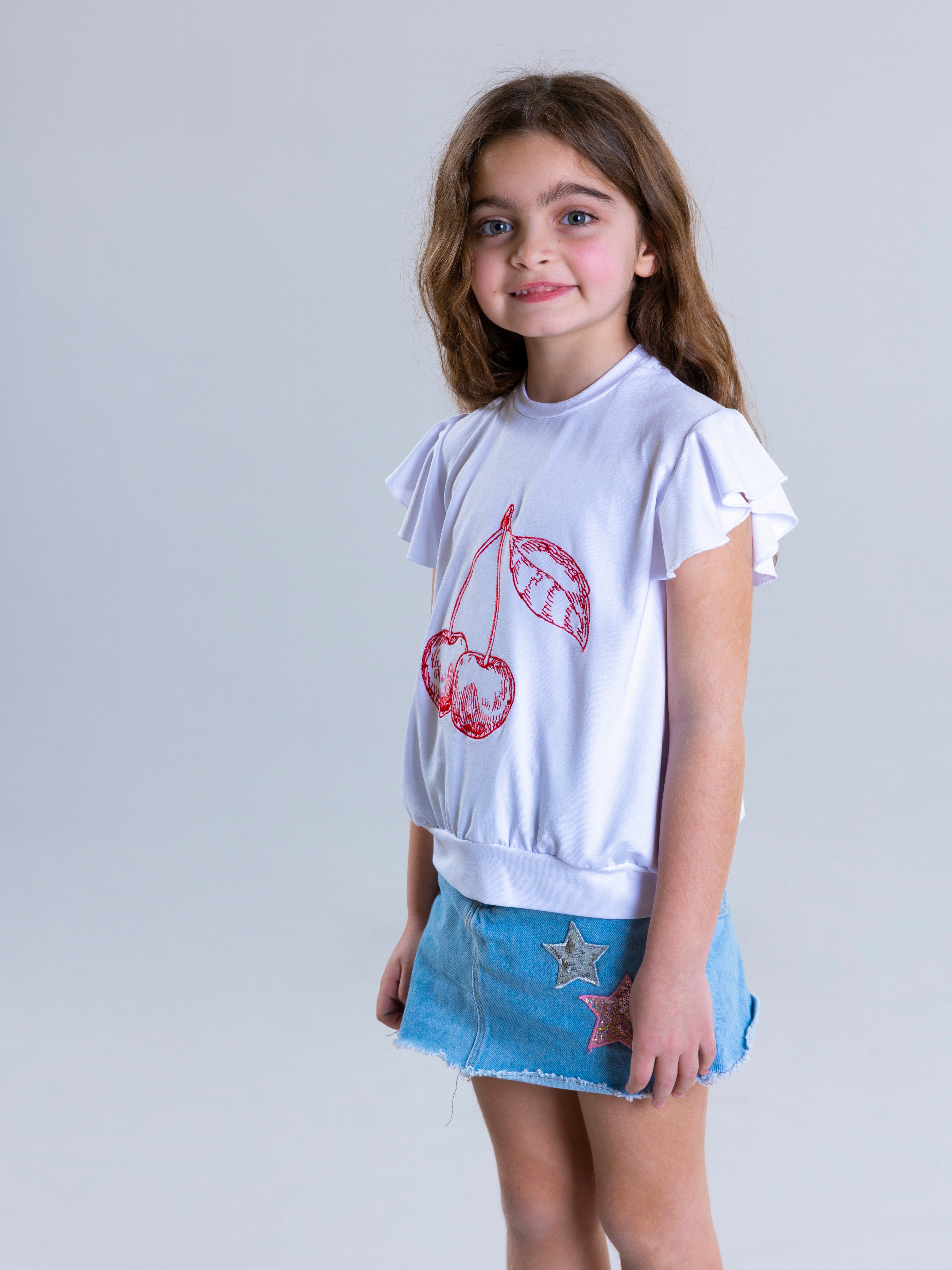 Cherry Embroidered Top For Girls - White