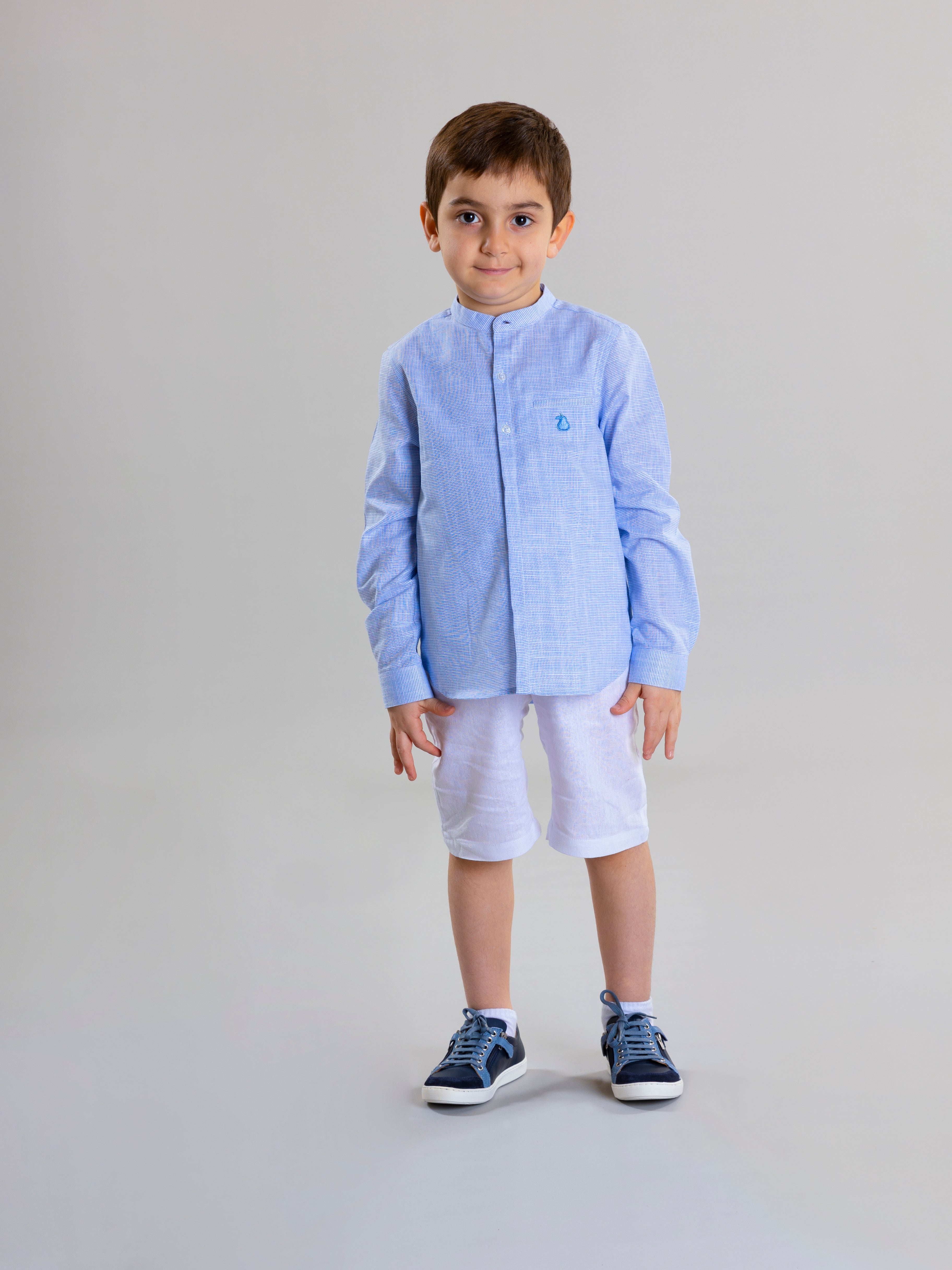 Col Mao Linen Shirt For Boys - Blue Striped