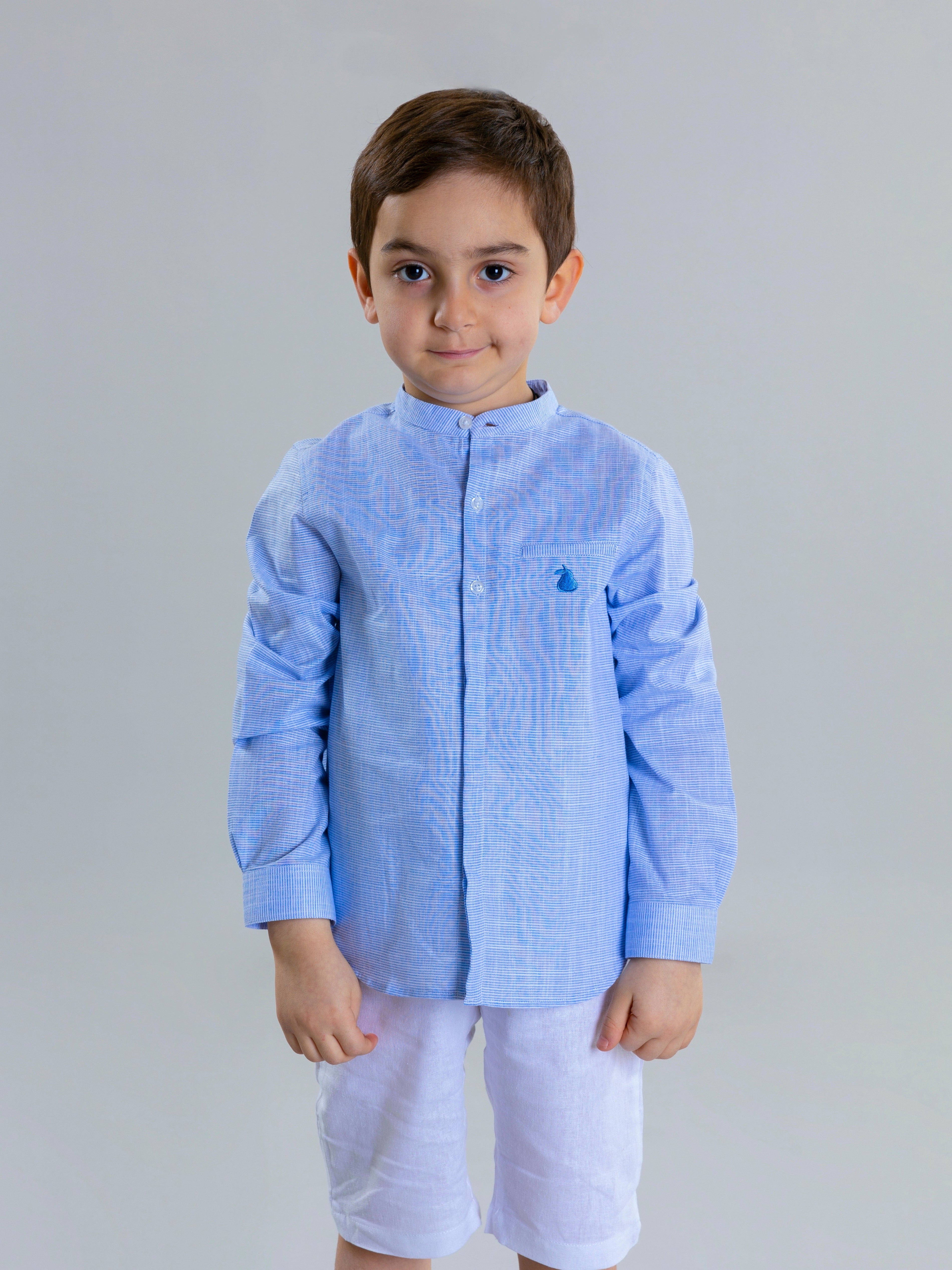 Col Mao Linen Shirt For Boys - Blue Striped