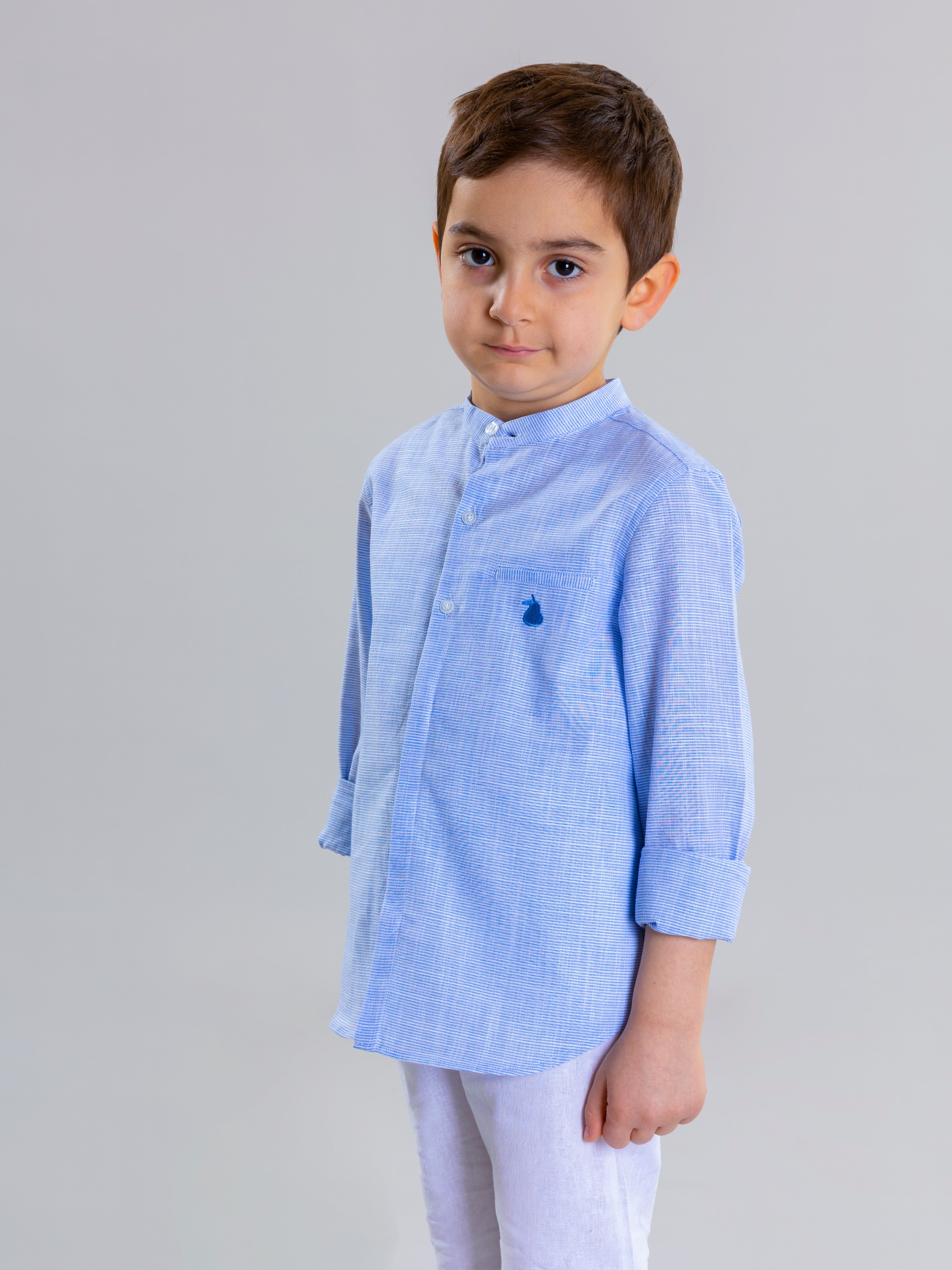 Col Mao Linen Shirt For Boys - Blue Striped