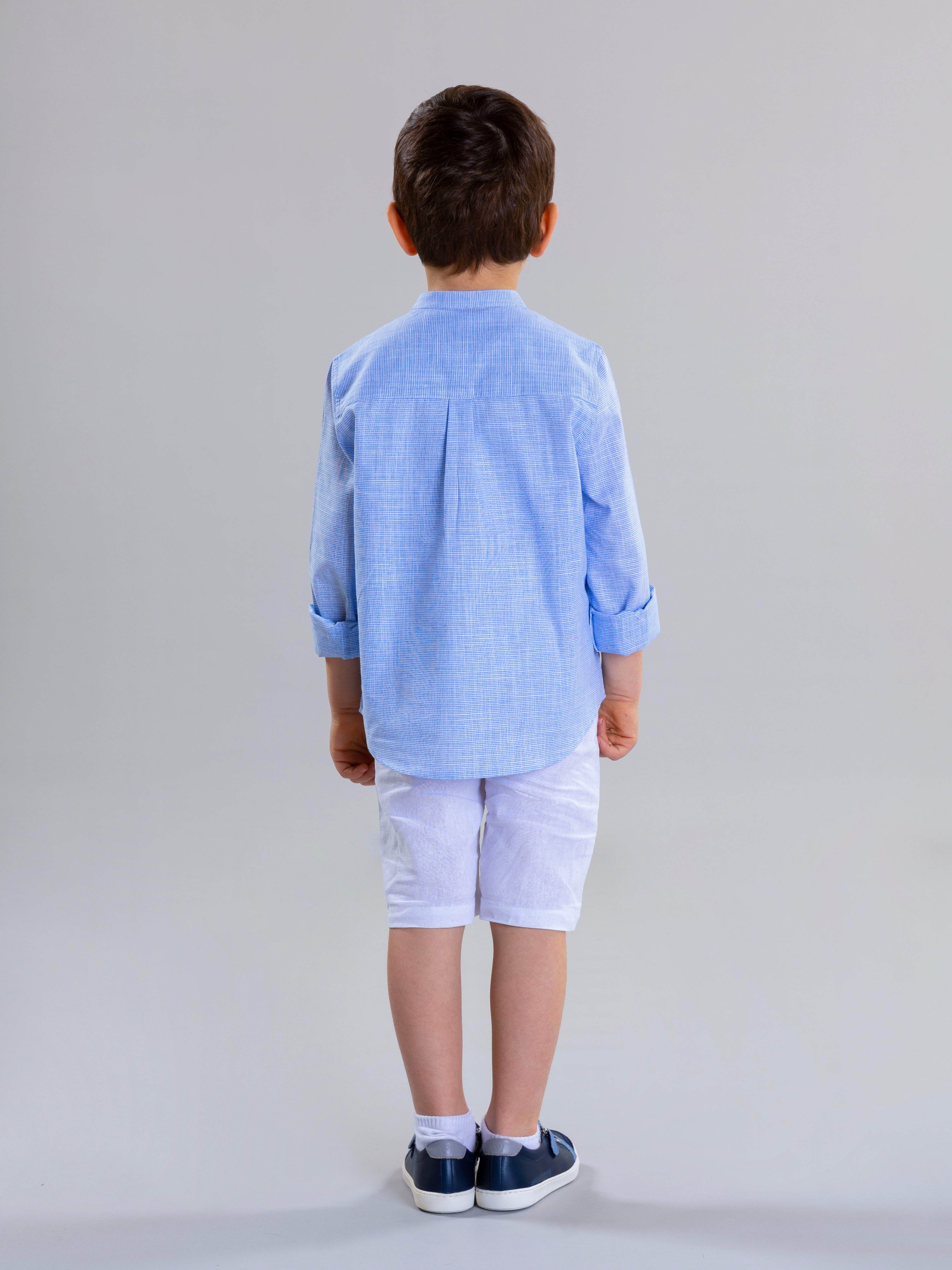 Col Mao Linen Shirt For Boys - Blue Striped