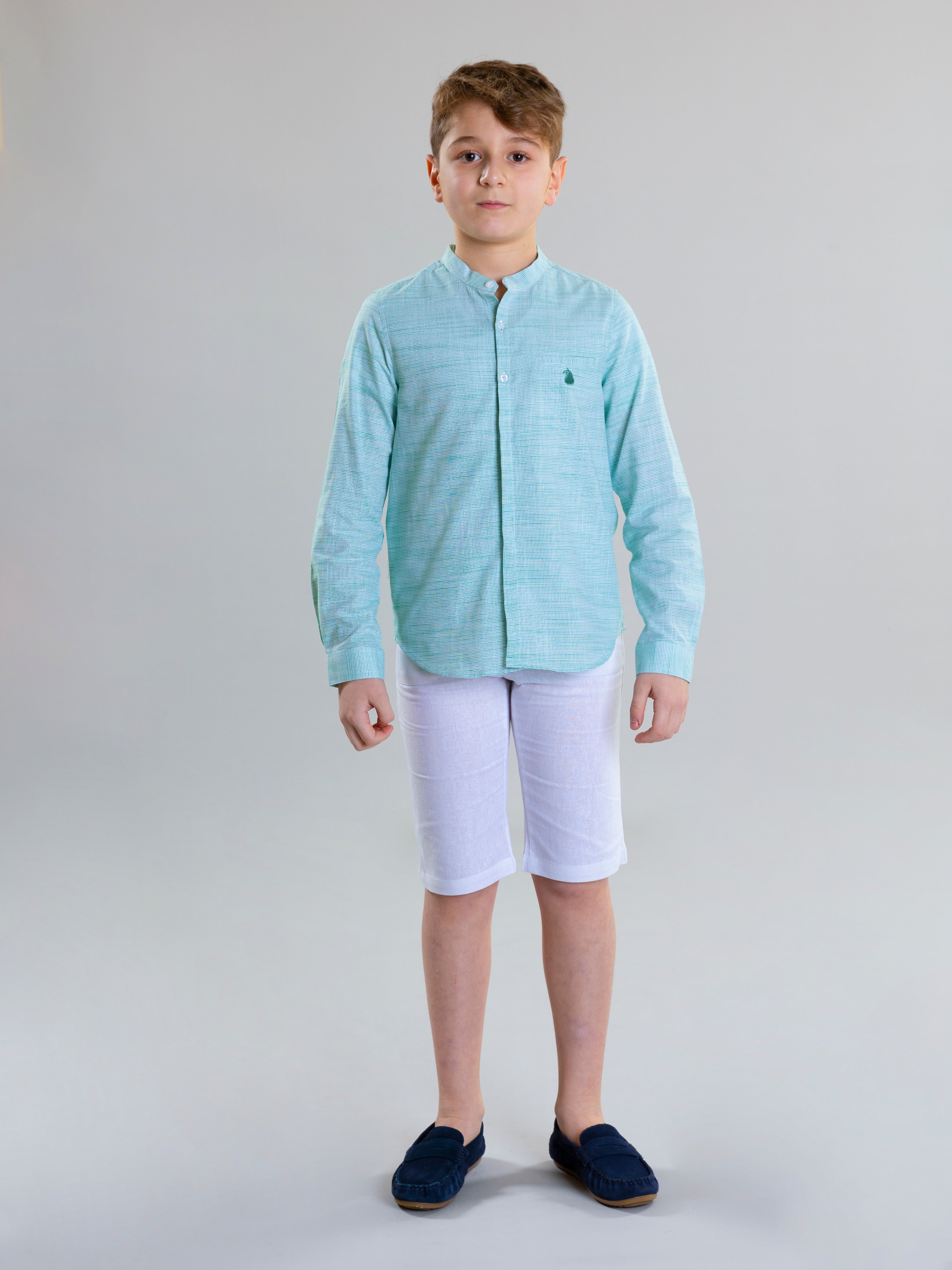 Col Mao Linen Shirt For Boys - Green Striped