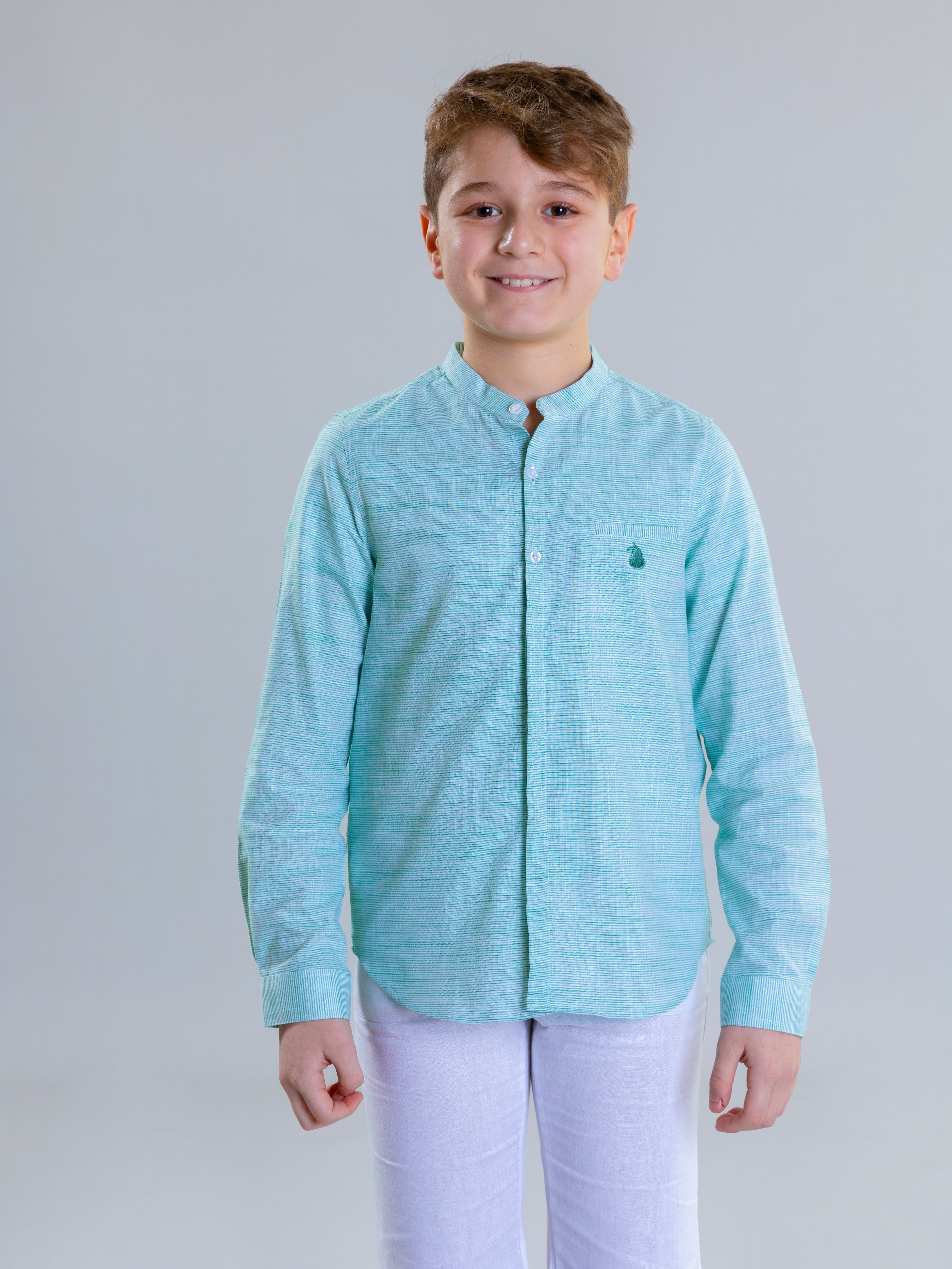 Col Mao Linen Shirt For Boys - Green Striped