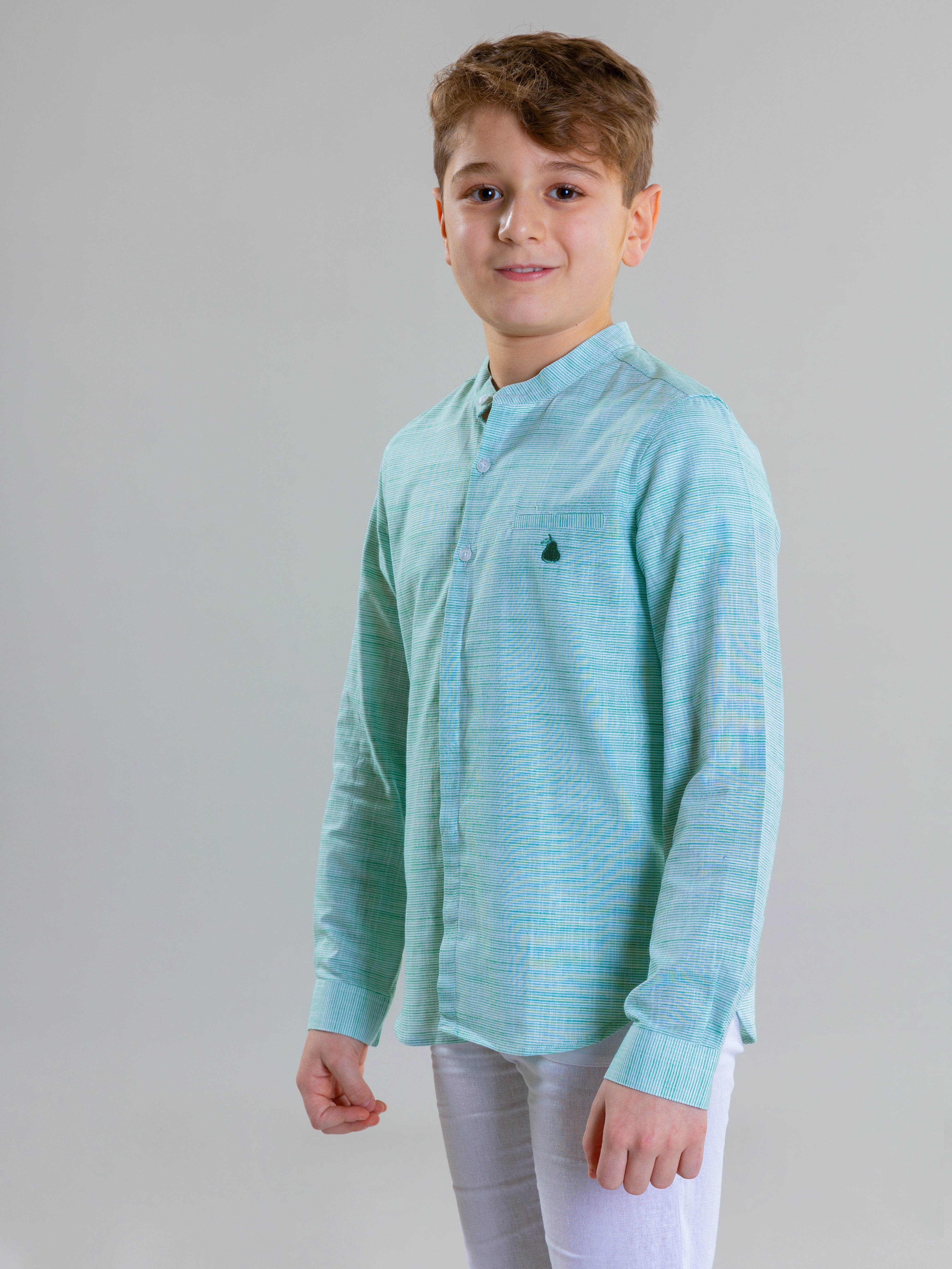 Col Mao Linen Shirt For Boys - Green Striped