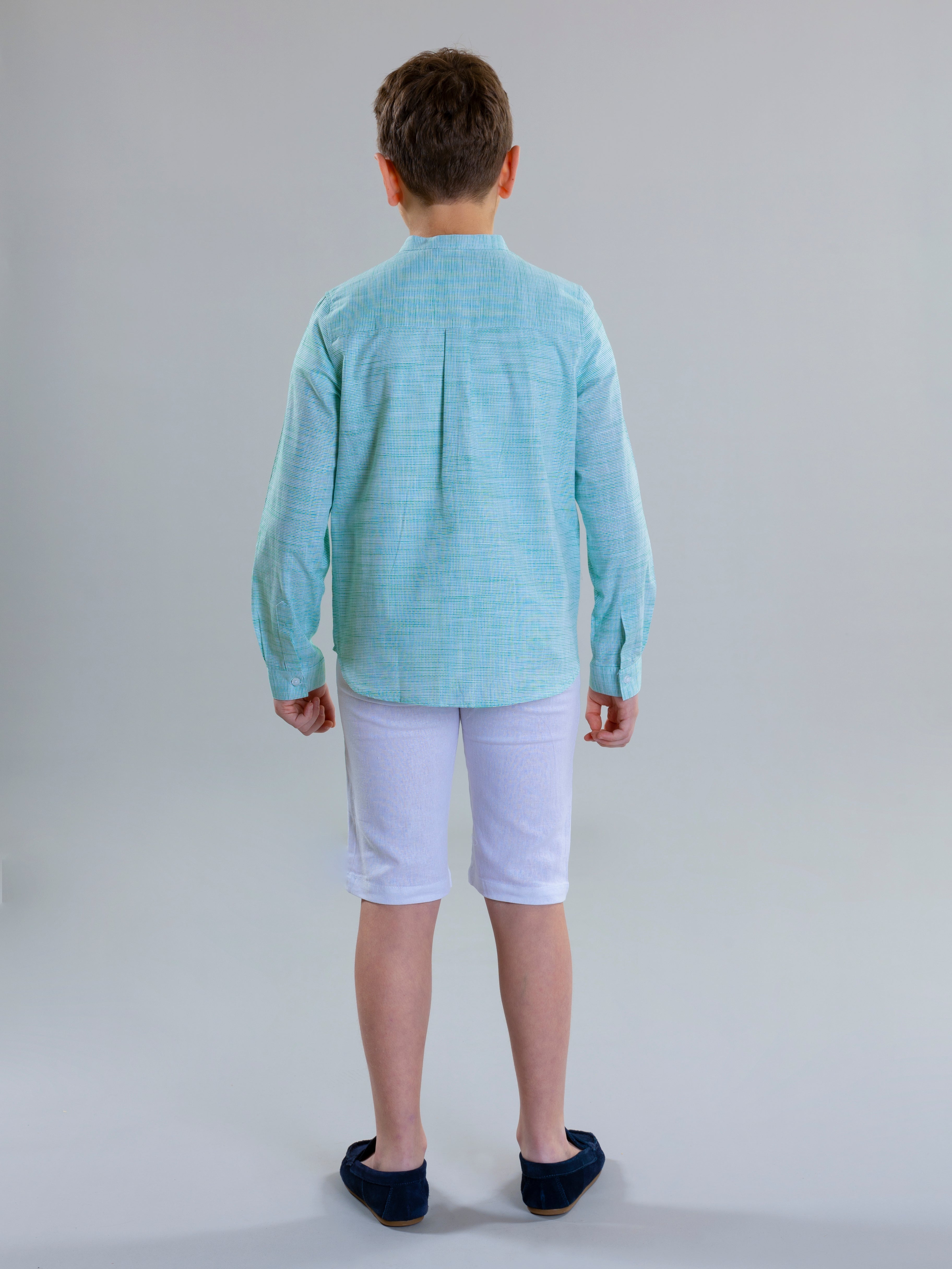 Col Mao Linen Shirt For Boys - Green Striped