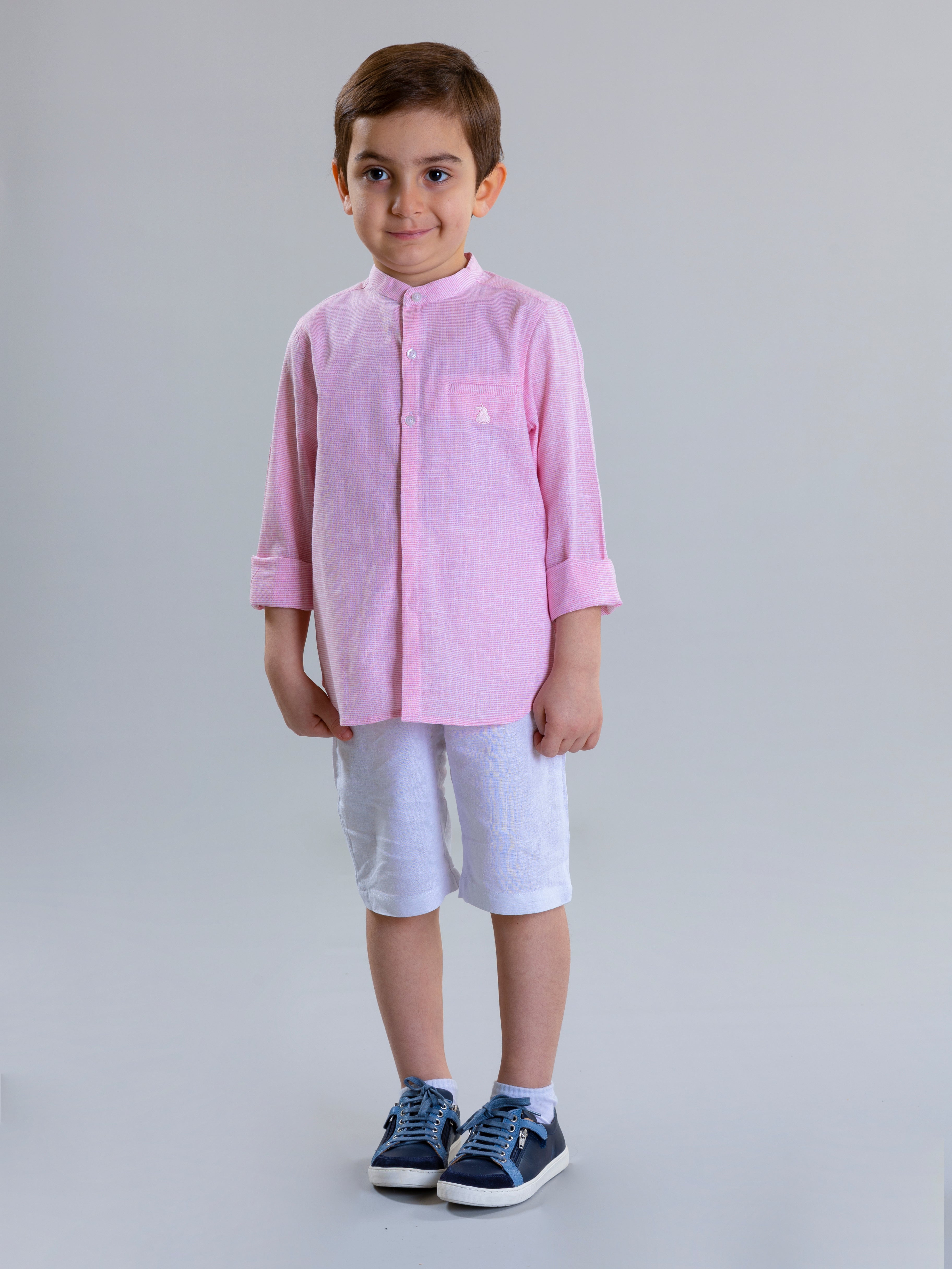 Col Mao Linen Shirt For Boys - Pink Striped