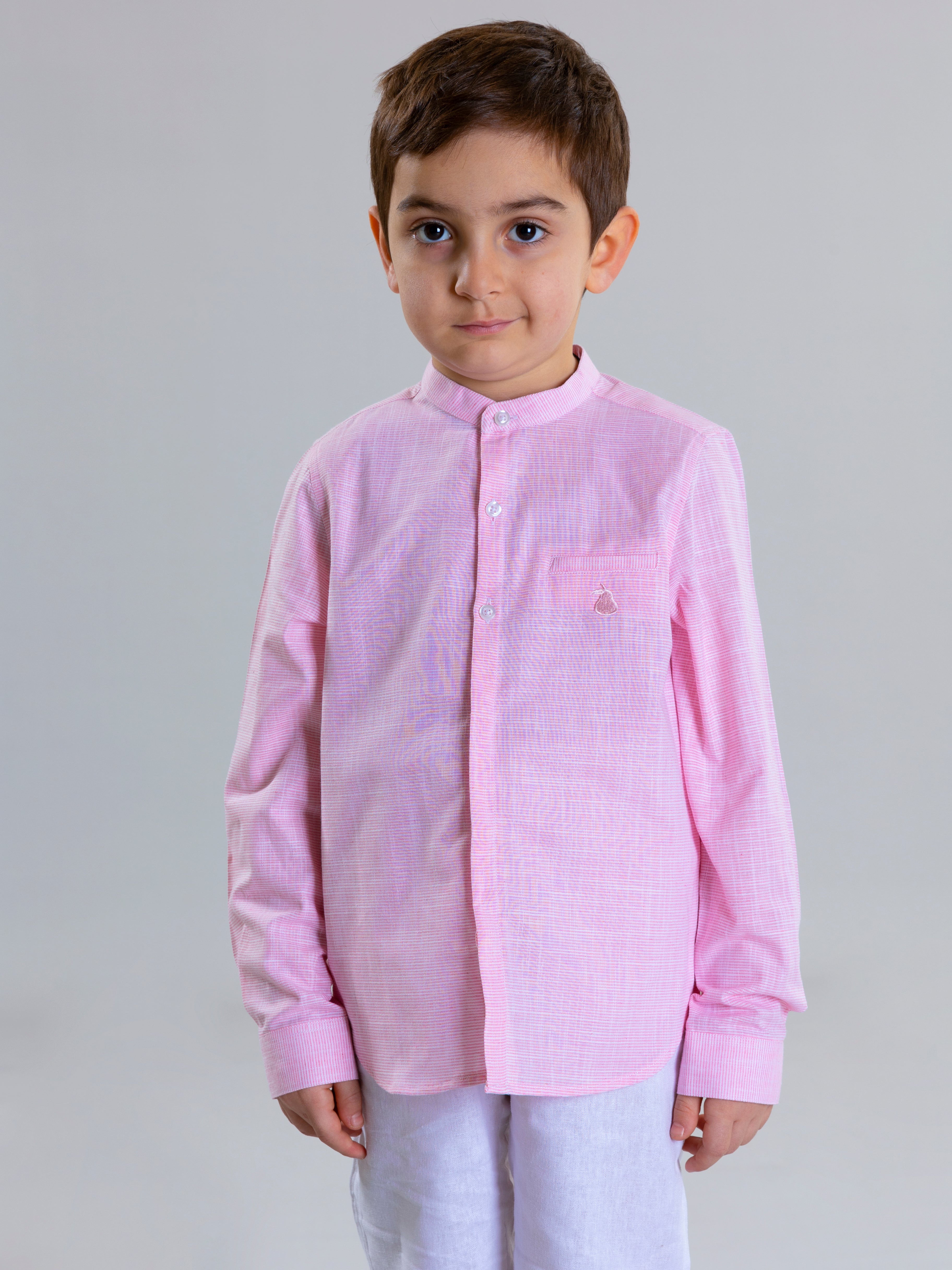 Col Mao Linen Shirt For Boys - Pink Striped