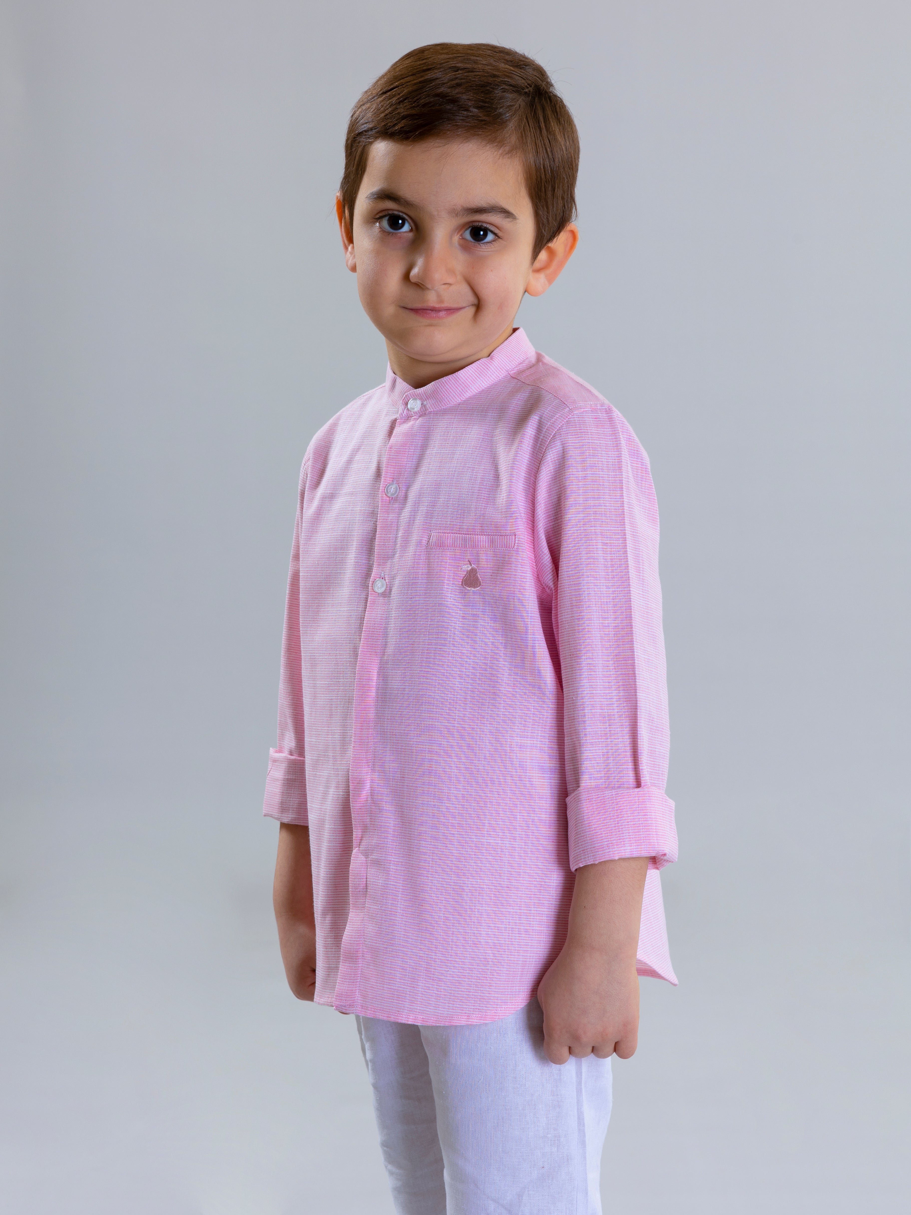 Col Mao Linen Shirt For Boys - Pink Striped