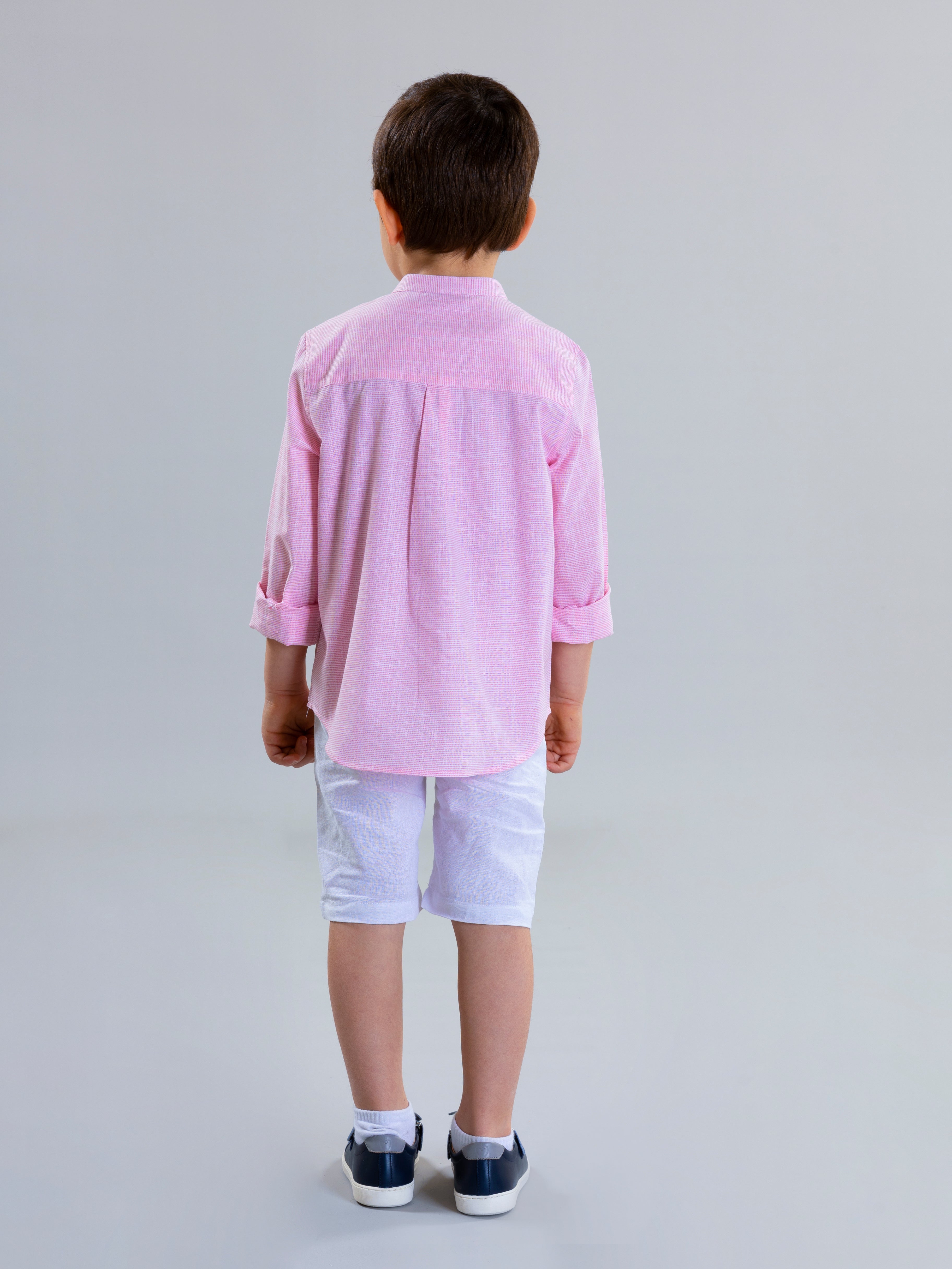 Col Mao Linen Shirt For Boys - Pink Striped