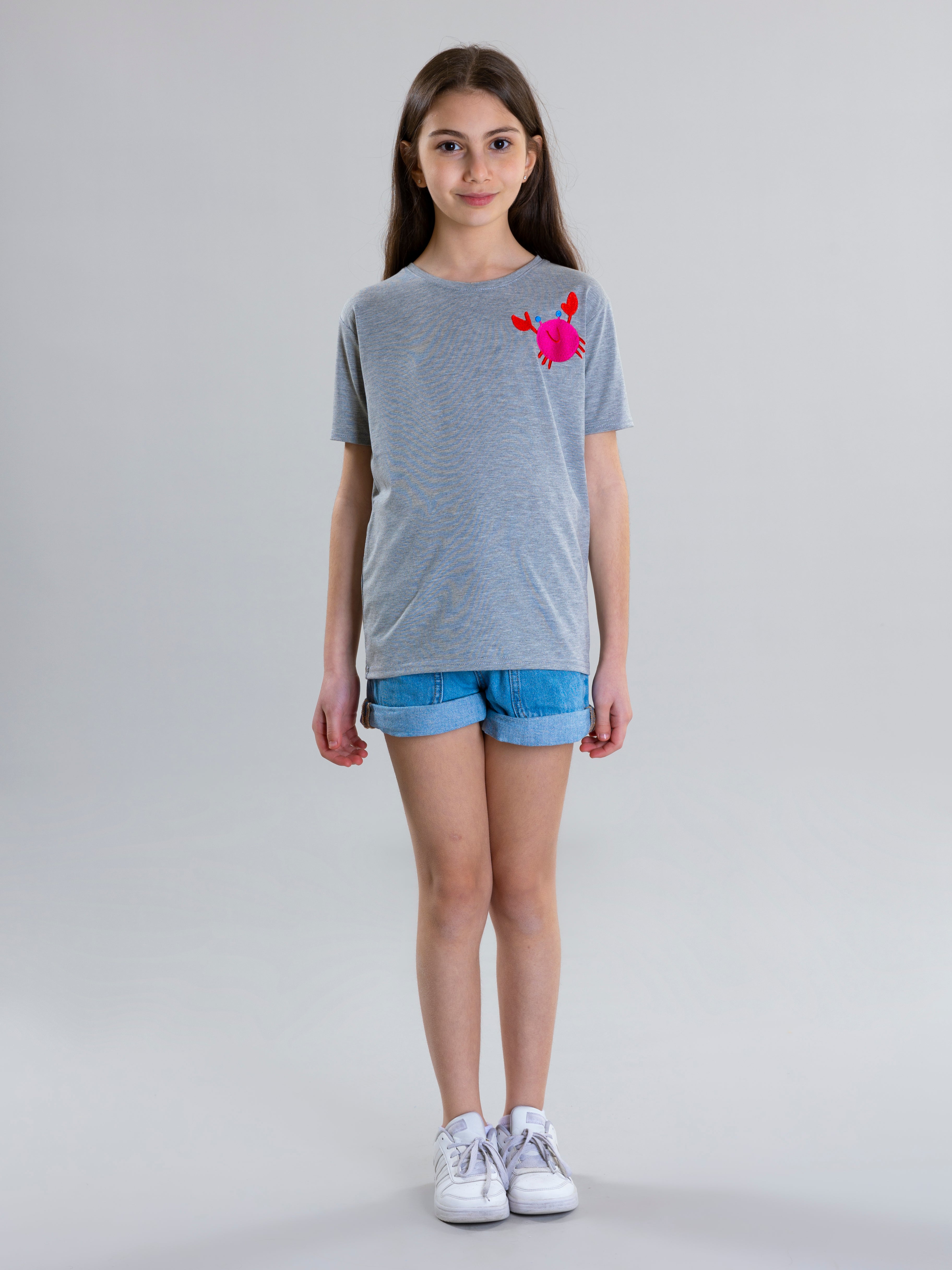 Crab Embroidered Unisex T-Shirt - Grey