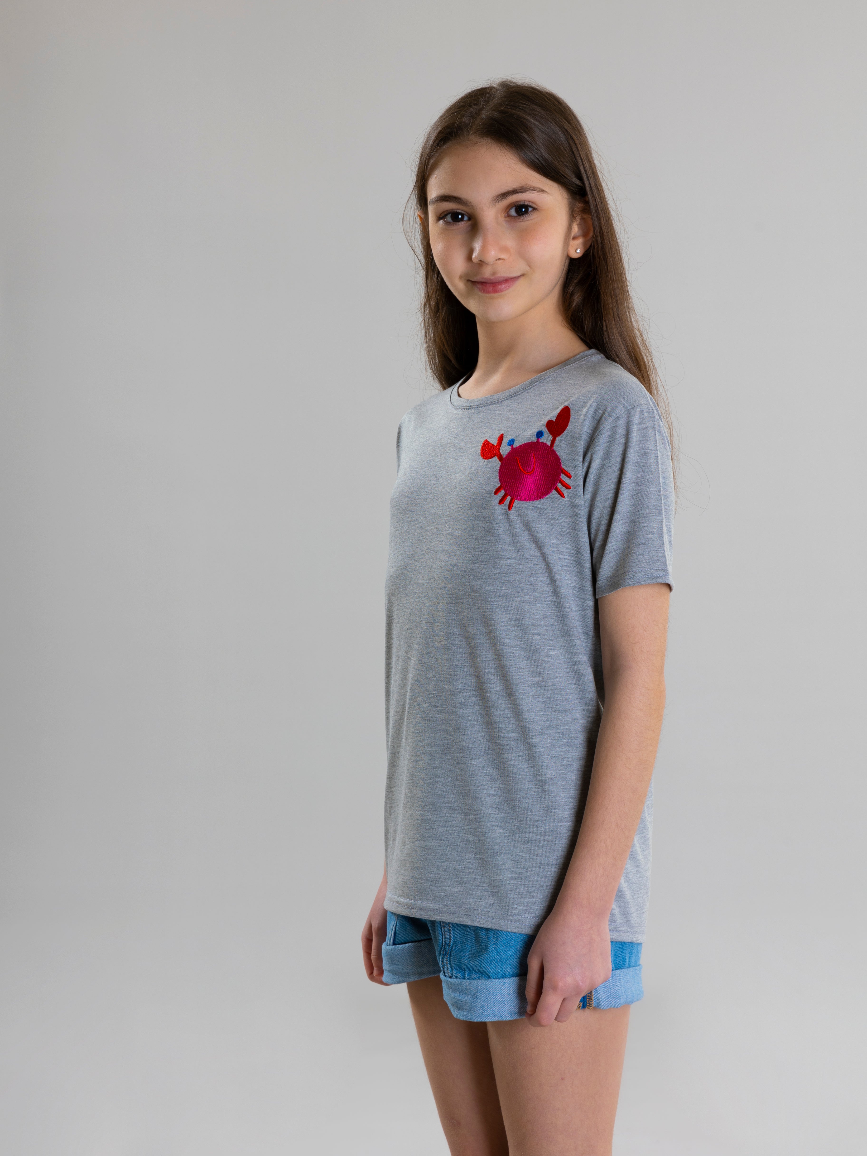 Crab Embroidered Unisex T-Shirt - Grey