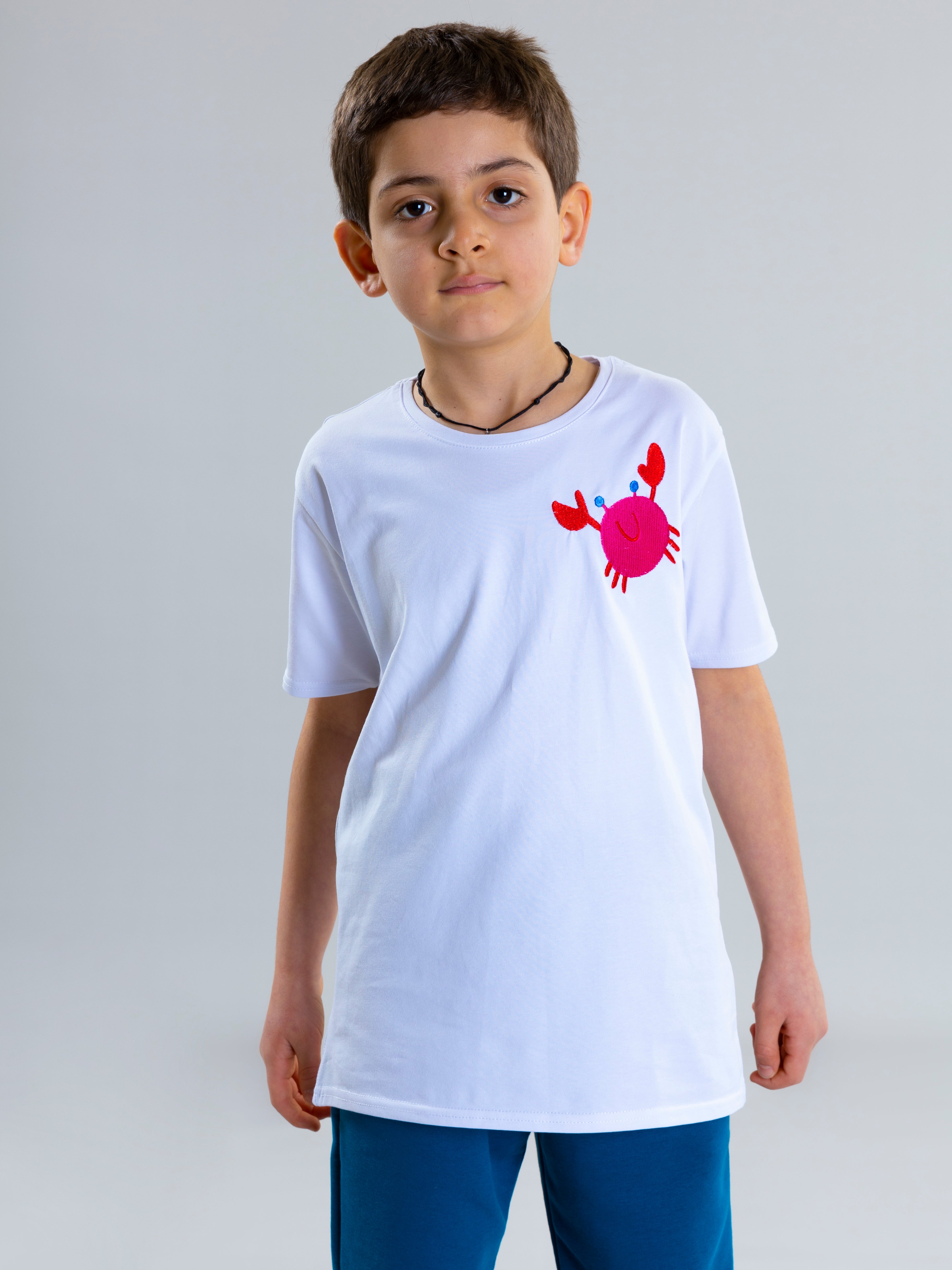 Crab Embroidered Unisex T-Shirt - White