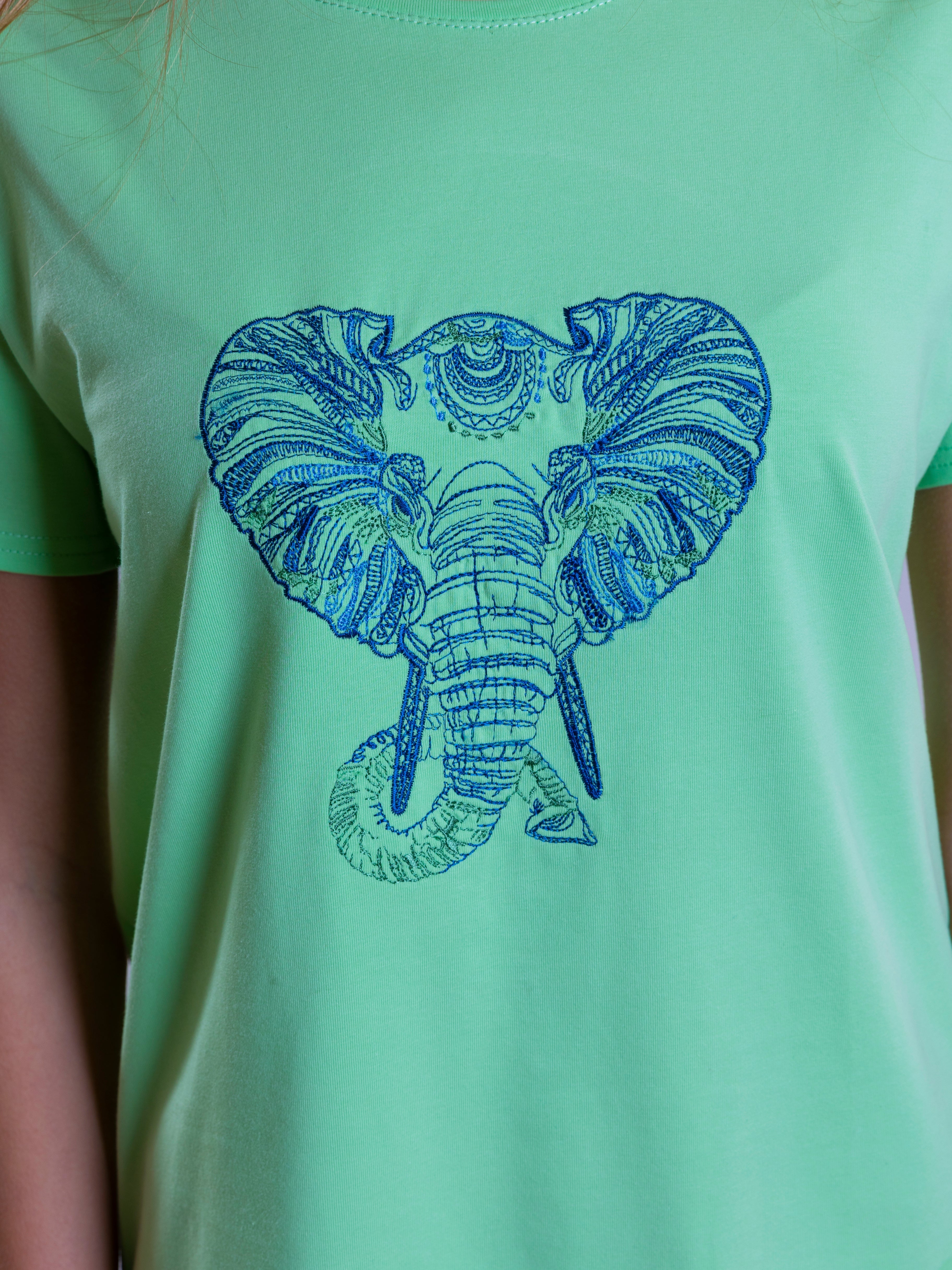 Elephant Embroidered T-Shirt For Women - Light Green