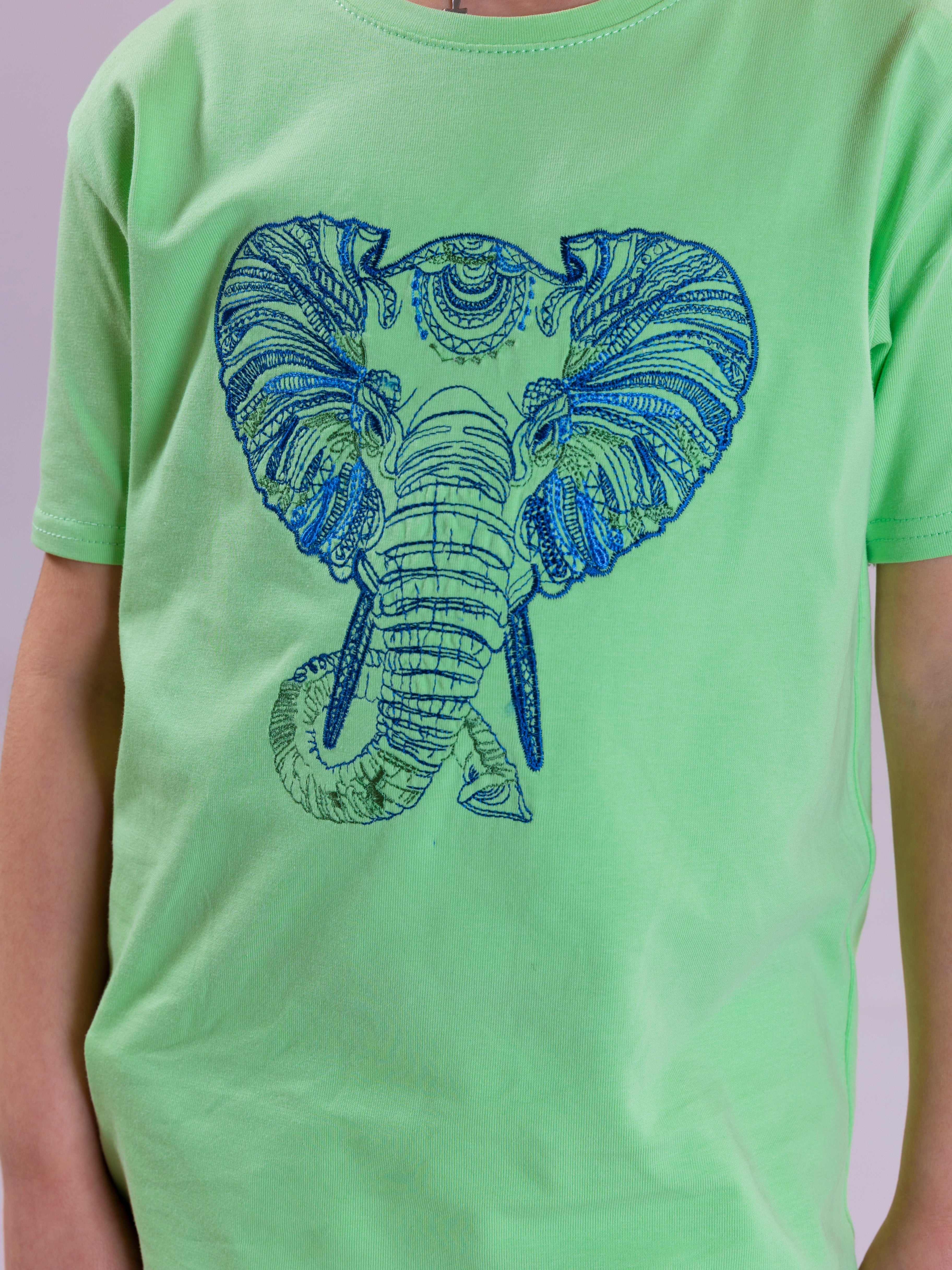 Elephant Embroidered Unisex T-Shirt - Light Green