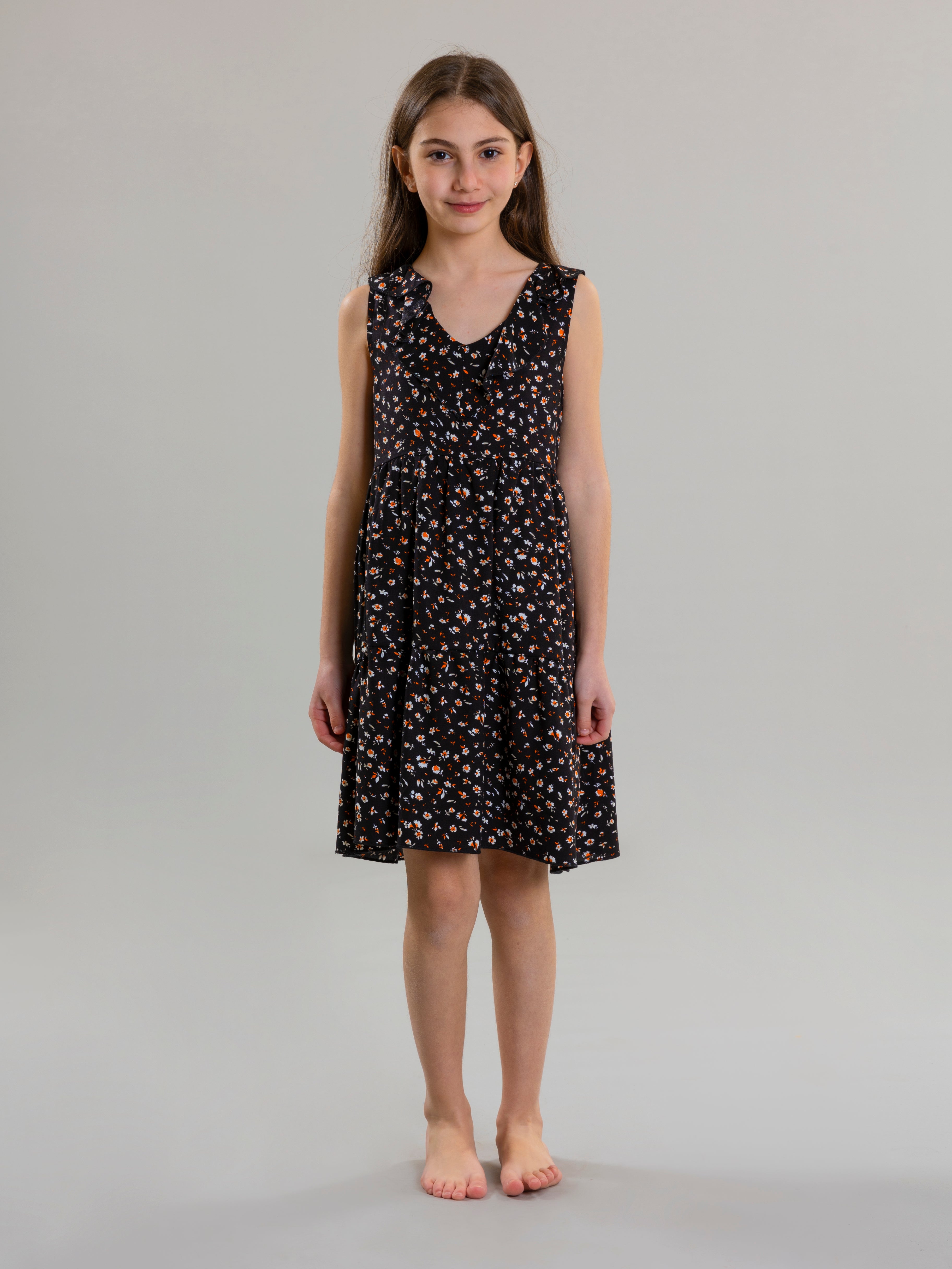 Floral Ruffled Dress For Girls - Black