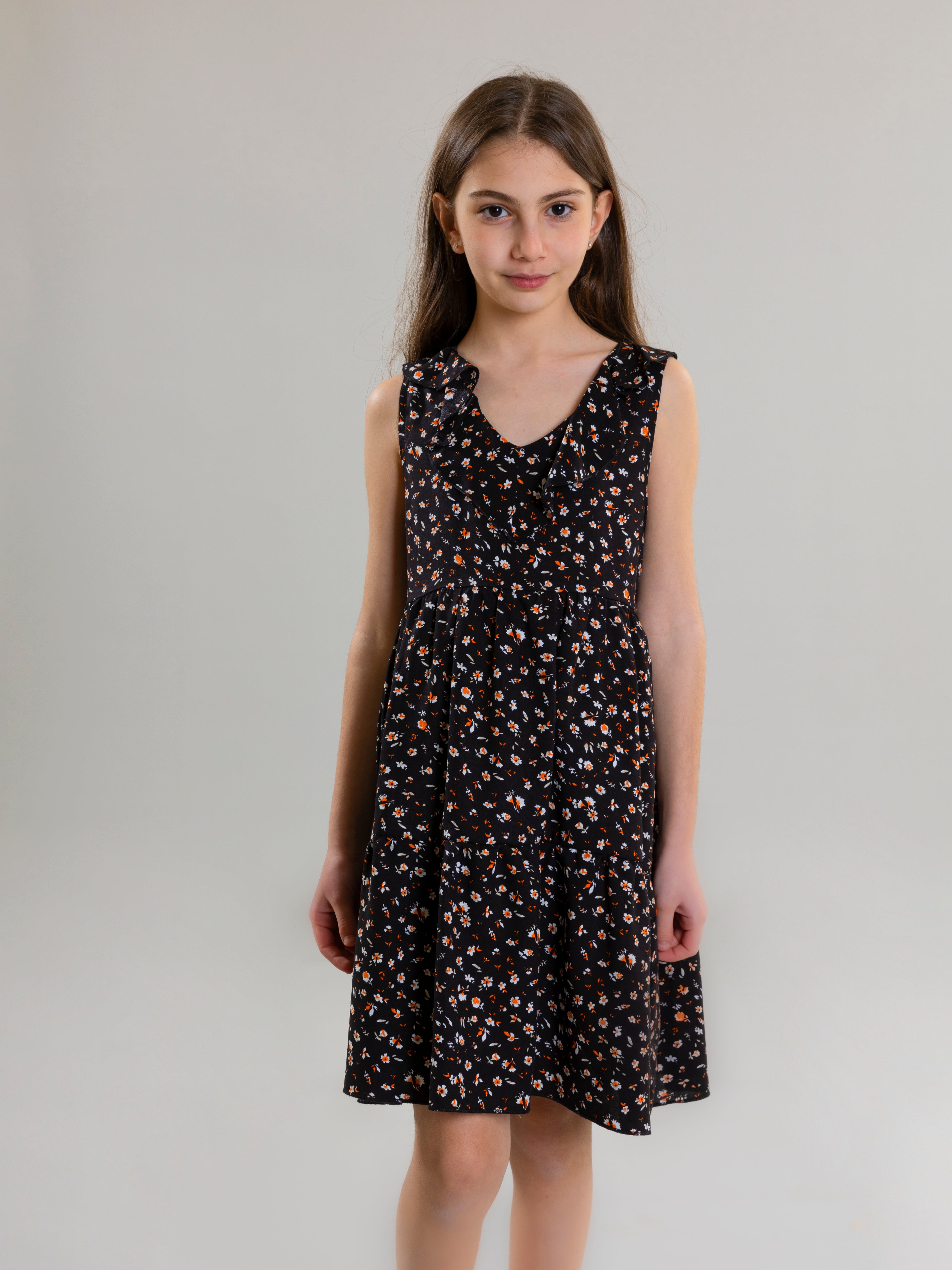 Floral Ruffled Dress For Girls - Black