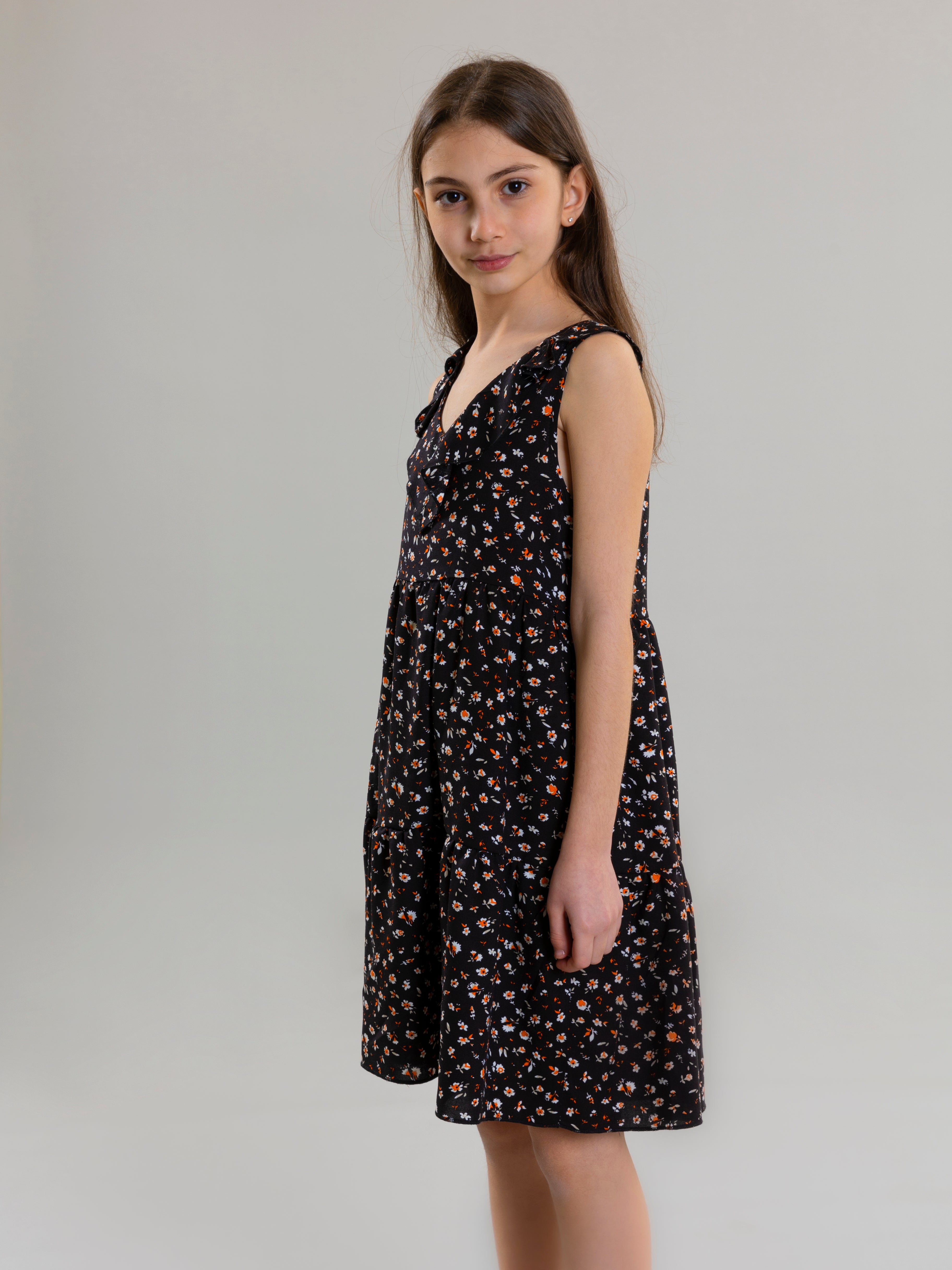 Floral Ruffled Dress For Girls - Black