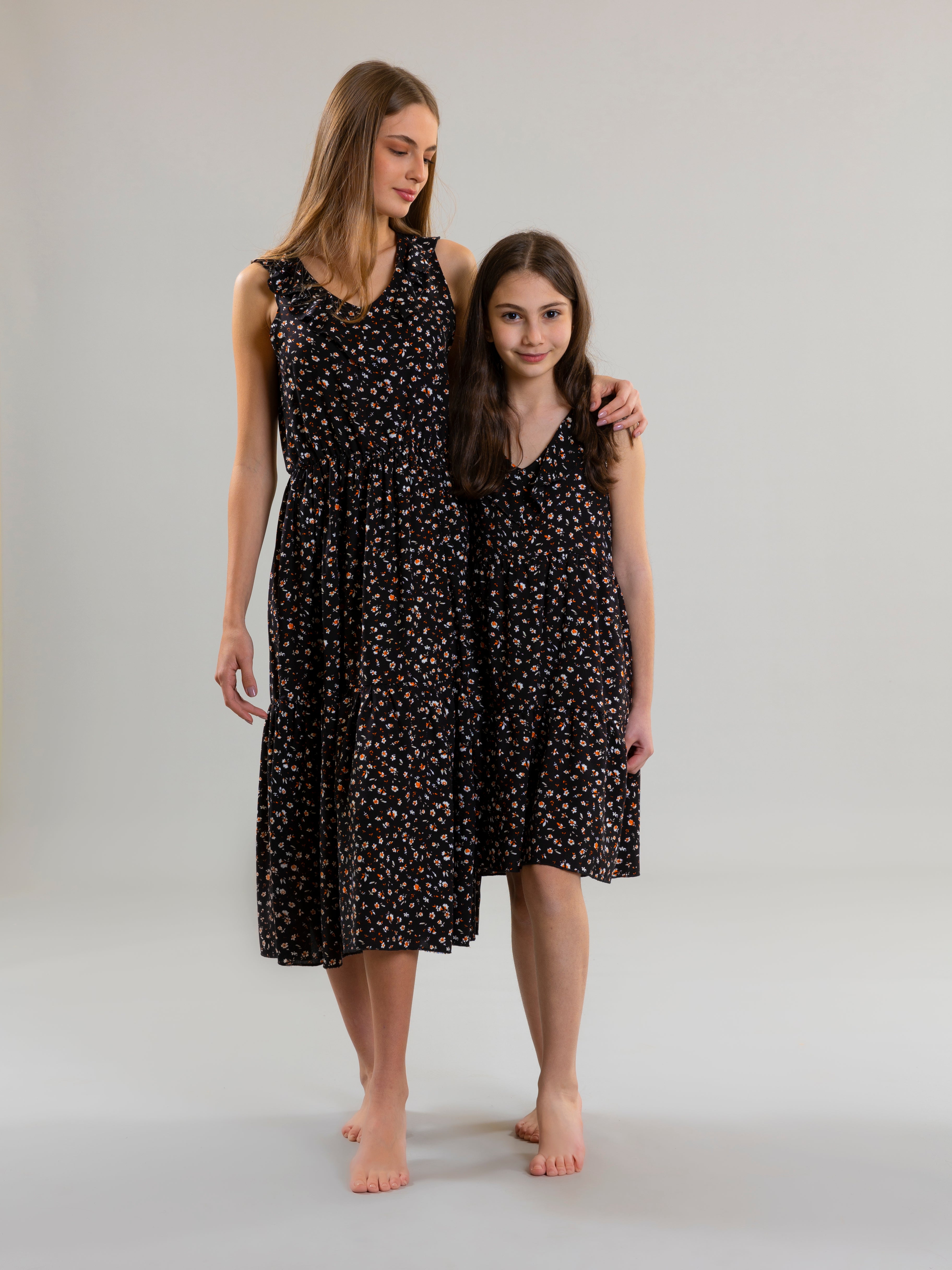 Floral Ruffled Dress For Girls - Black