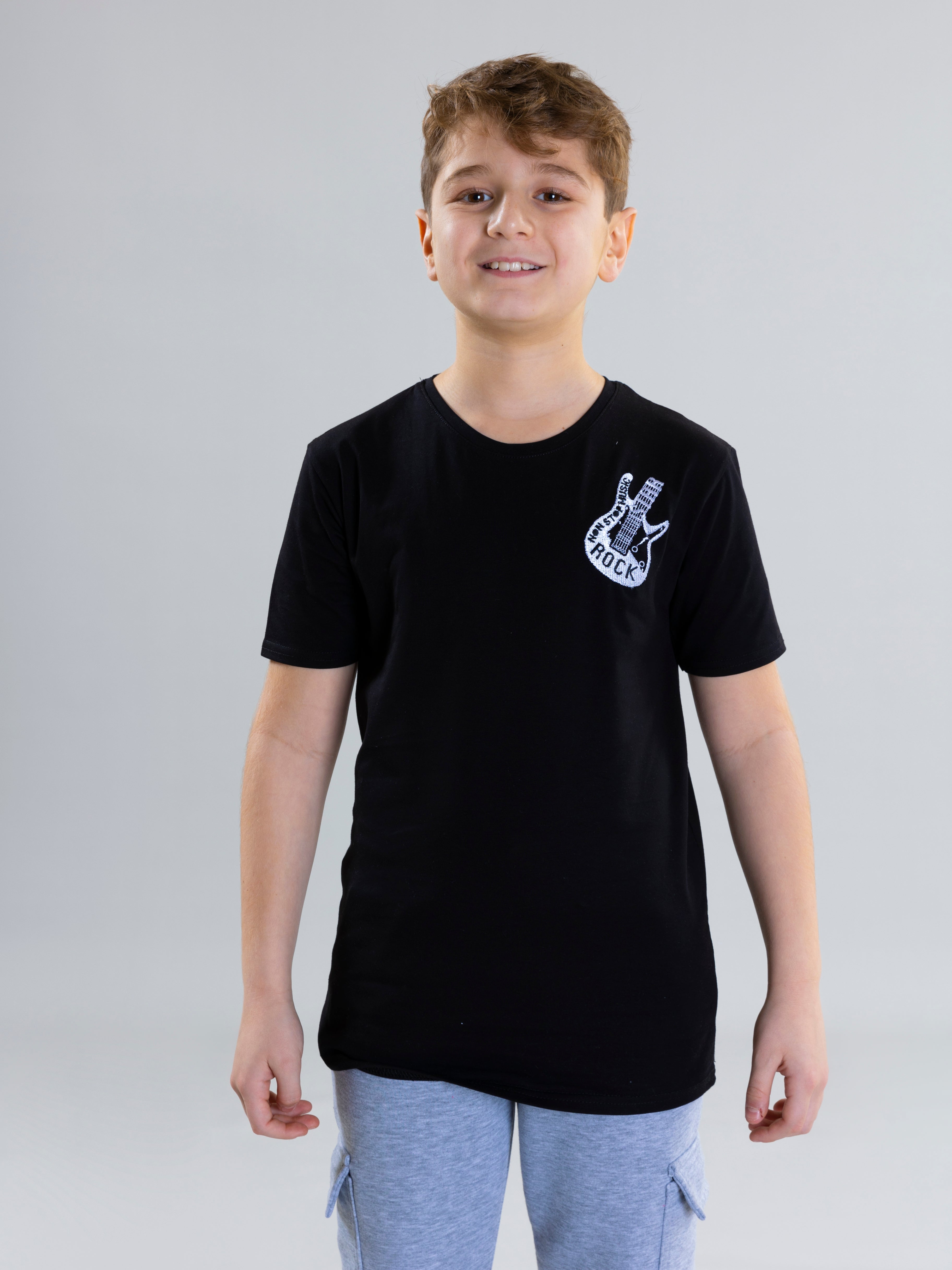 Guitar Embroidered For Boys T-Shirt - Black