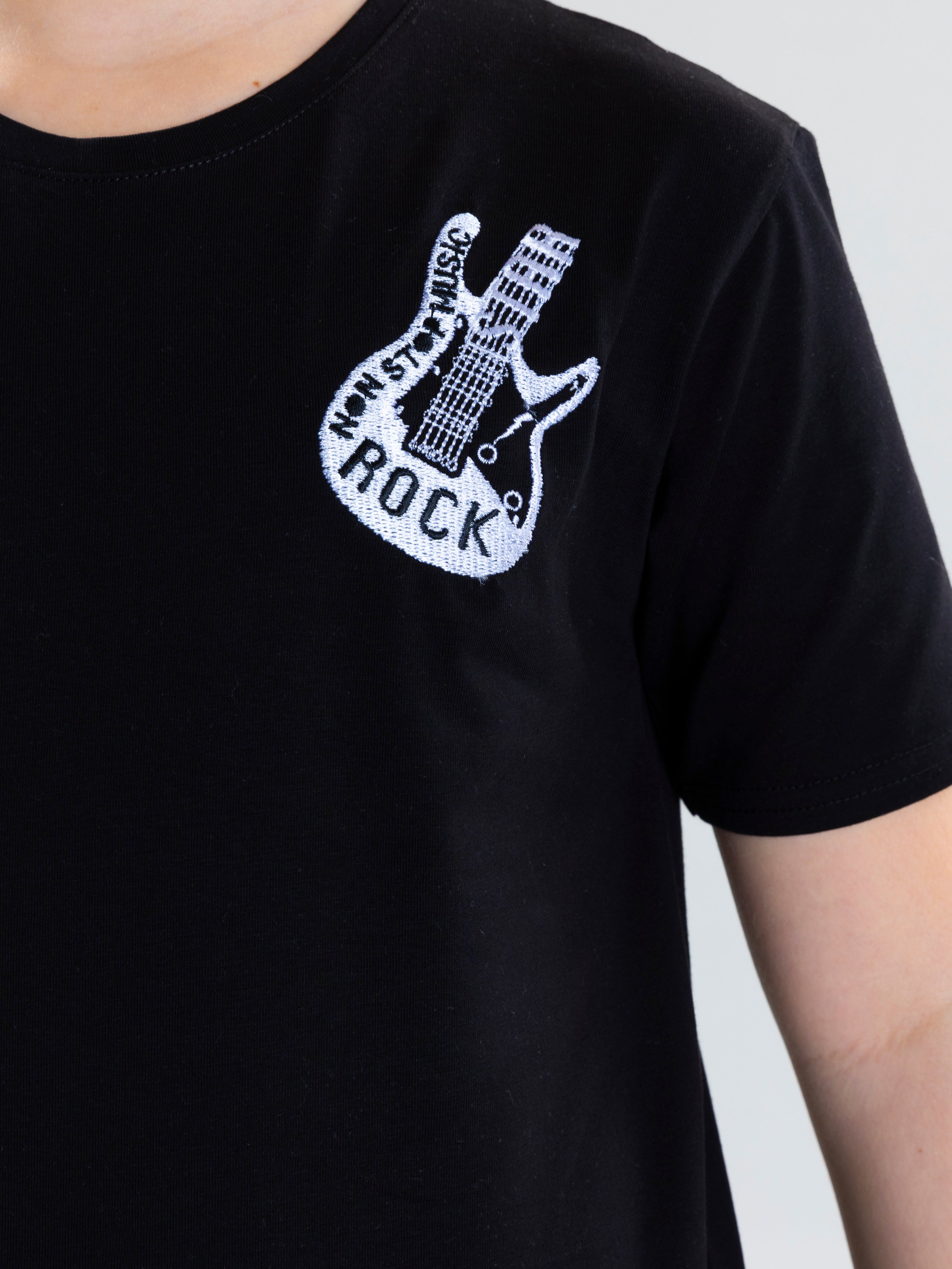 Guitar Embroidered For Boys T-Shirt - Black