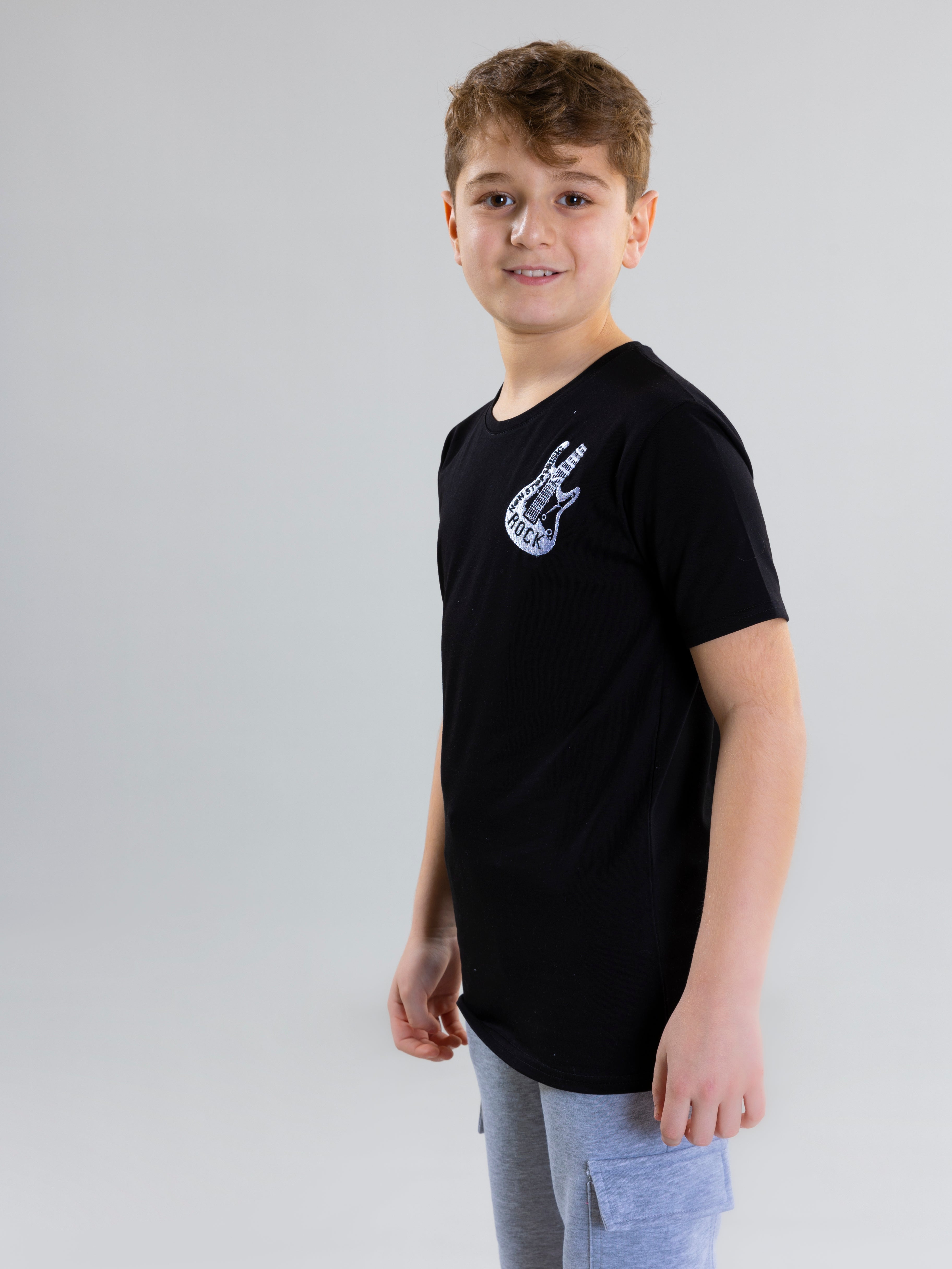 Guitar Embroidered For Boys T-Shirt - Black