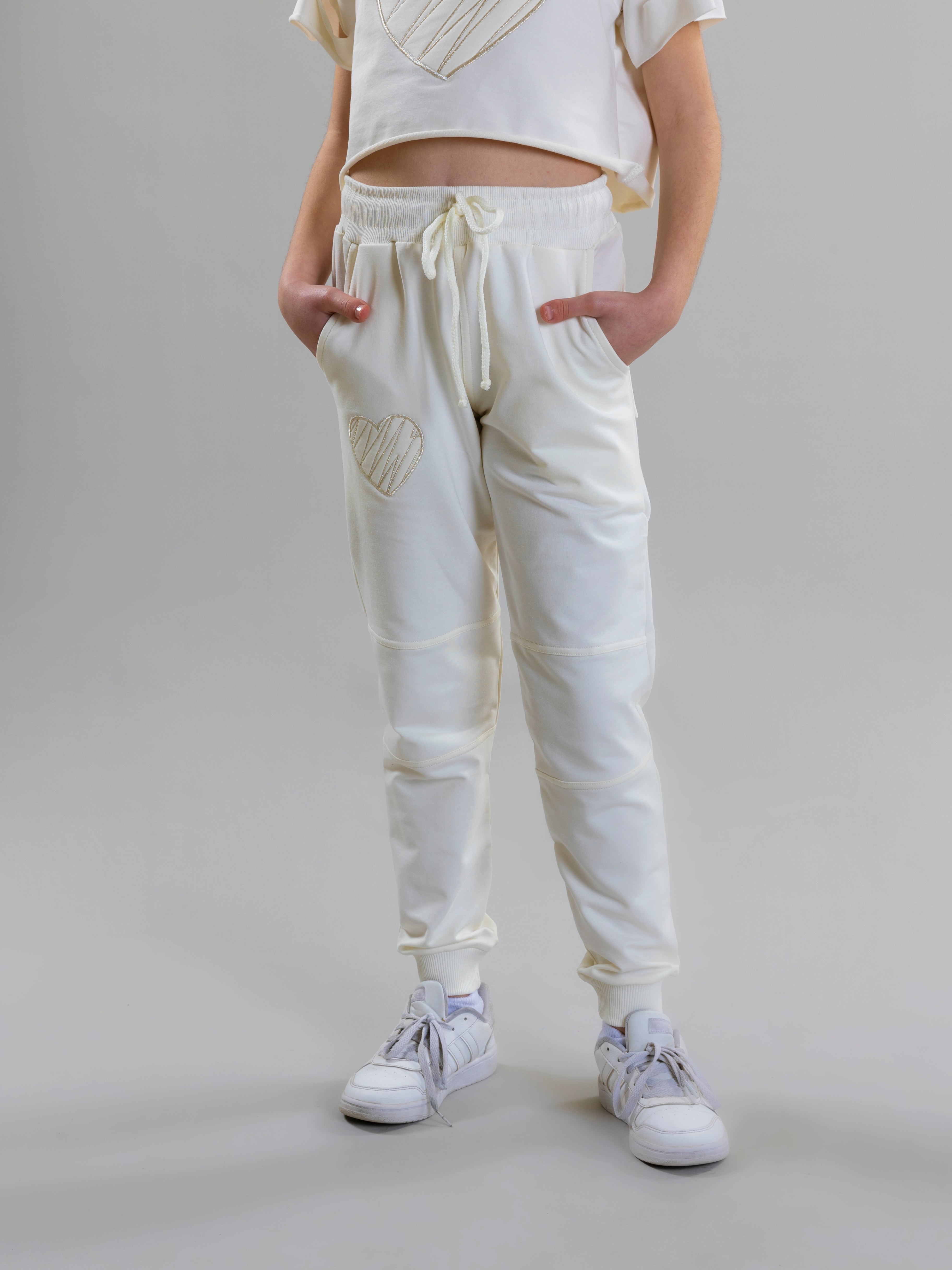 Heart Embroidred Sweat Pant For Girls - White