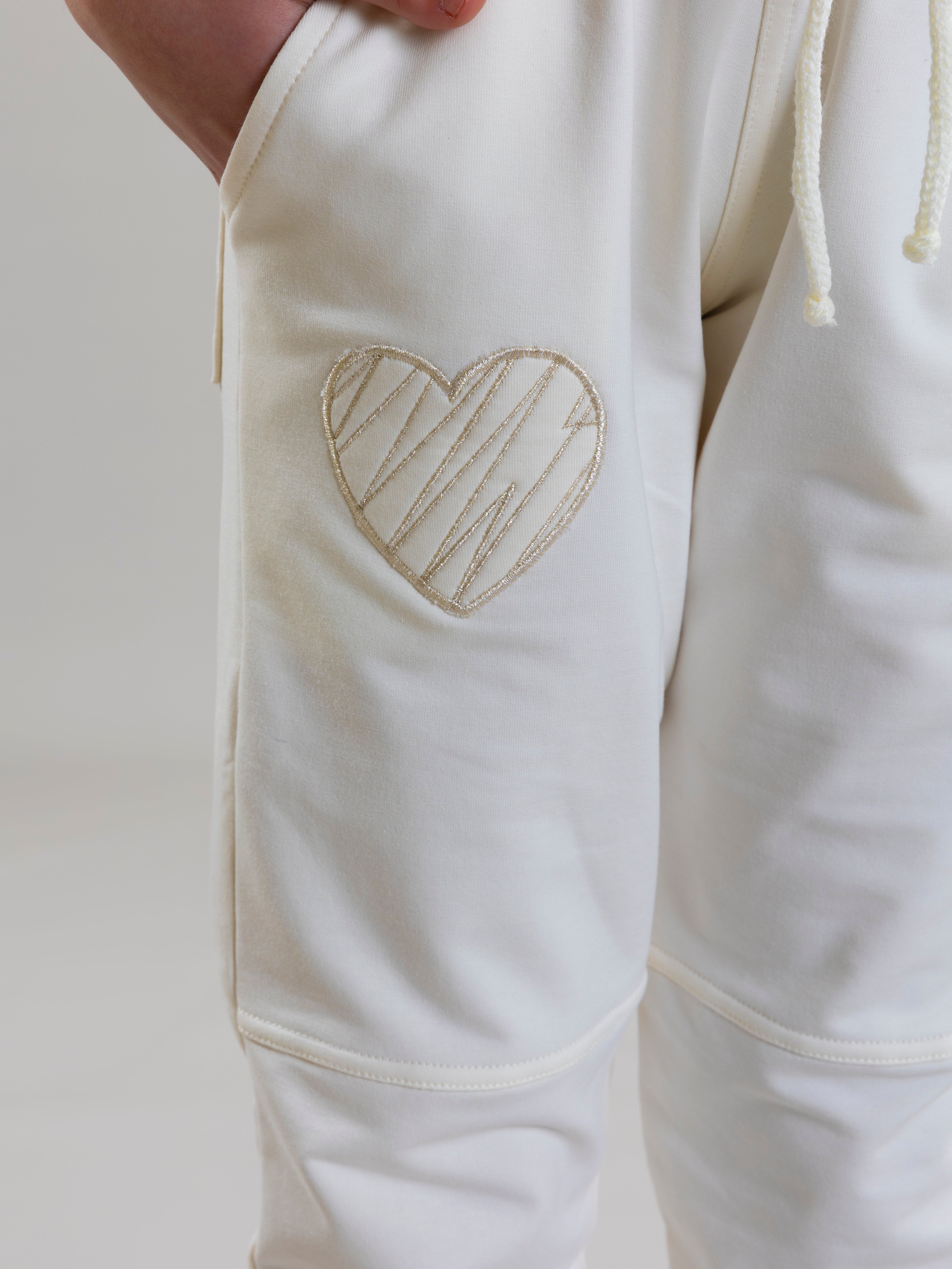 Heart Embroidred Sweat Pant For Girls - White