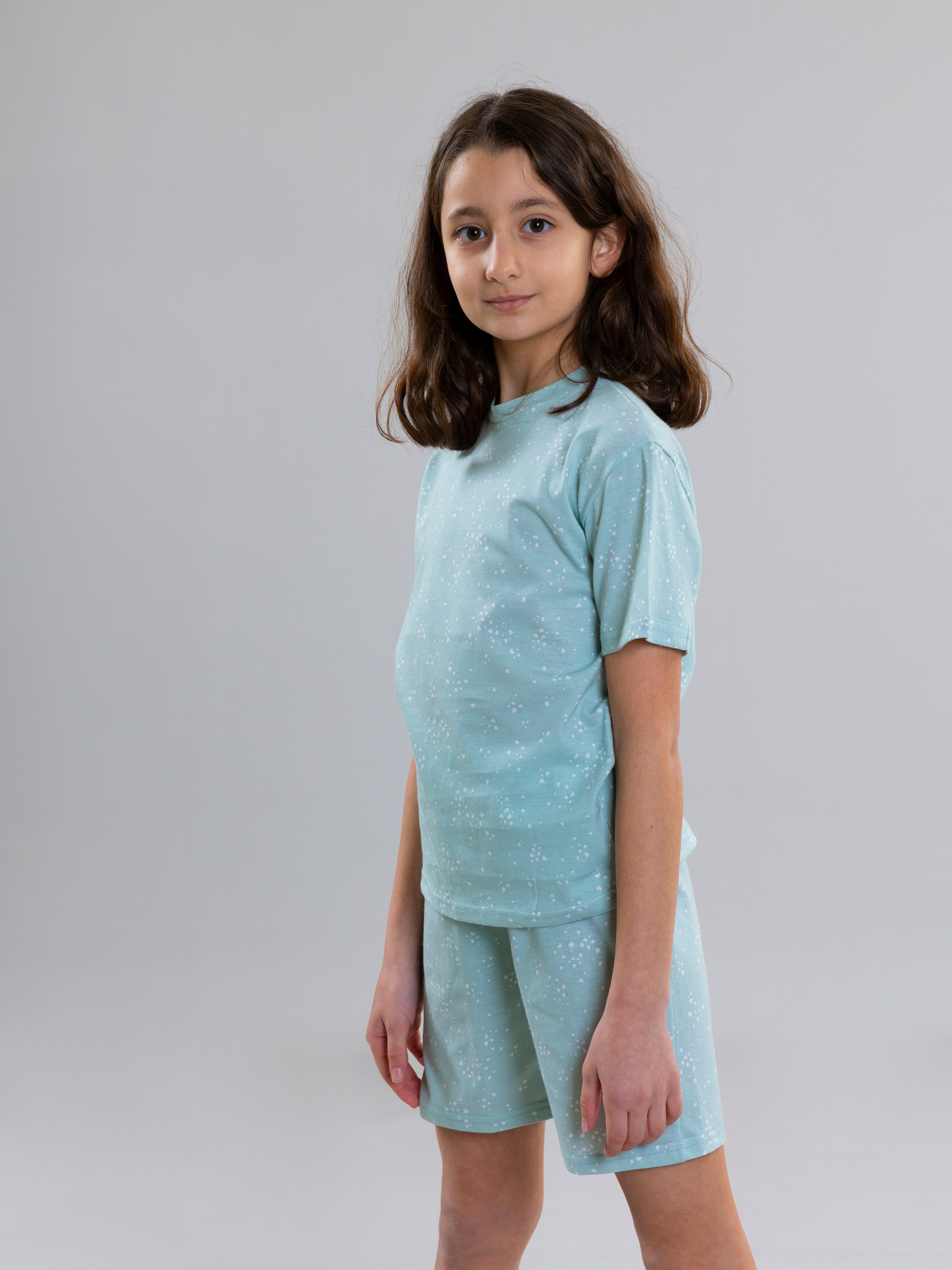 Mini Heart Design Pyjama Set For Girls - Aqua