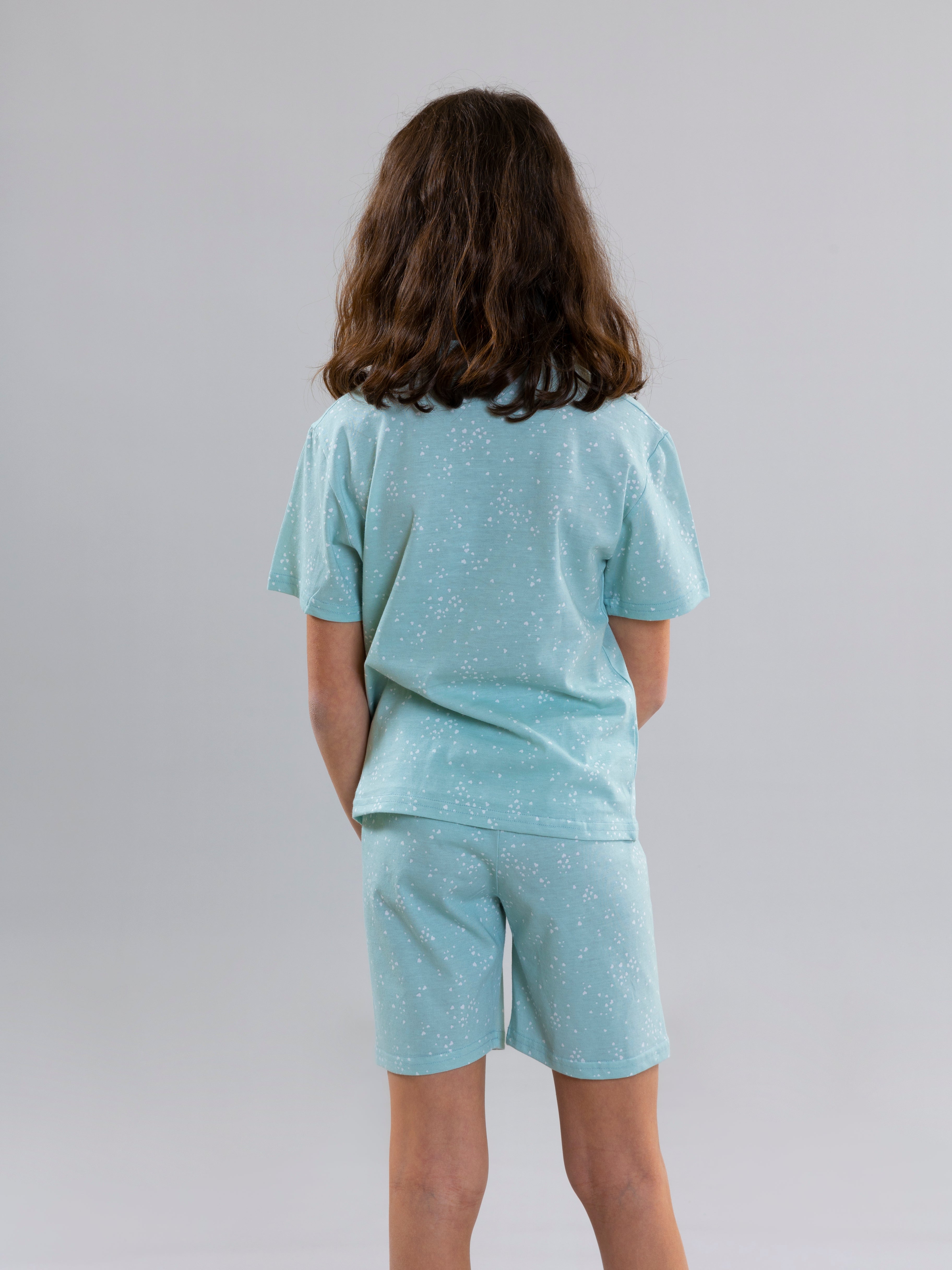 Mini Heart Design Pyjama Set For Girls - Aqua