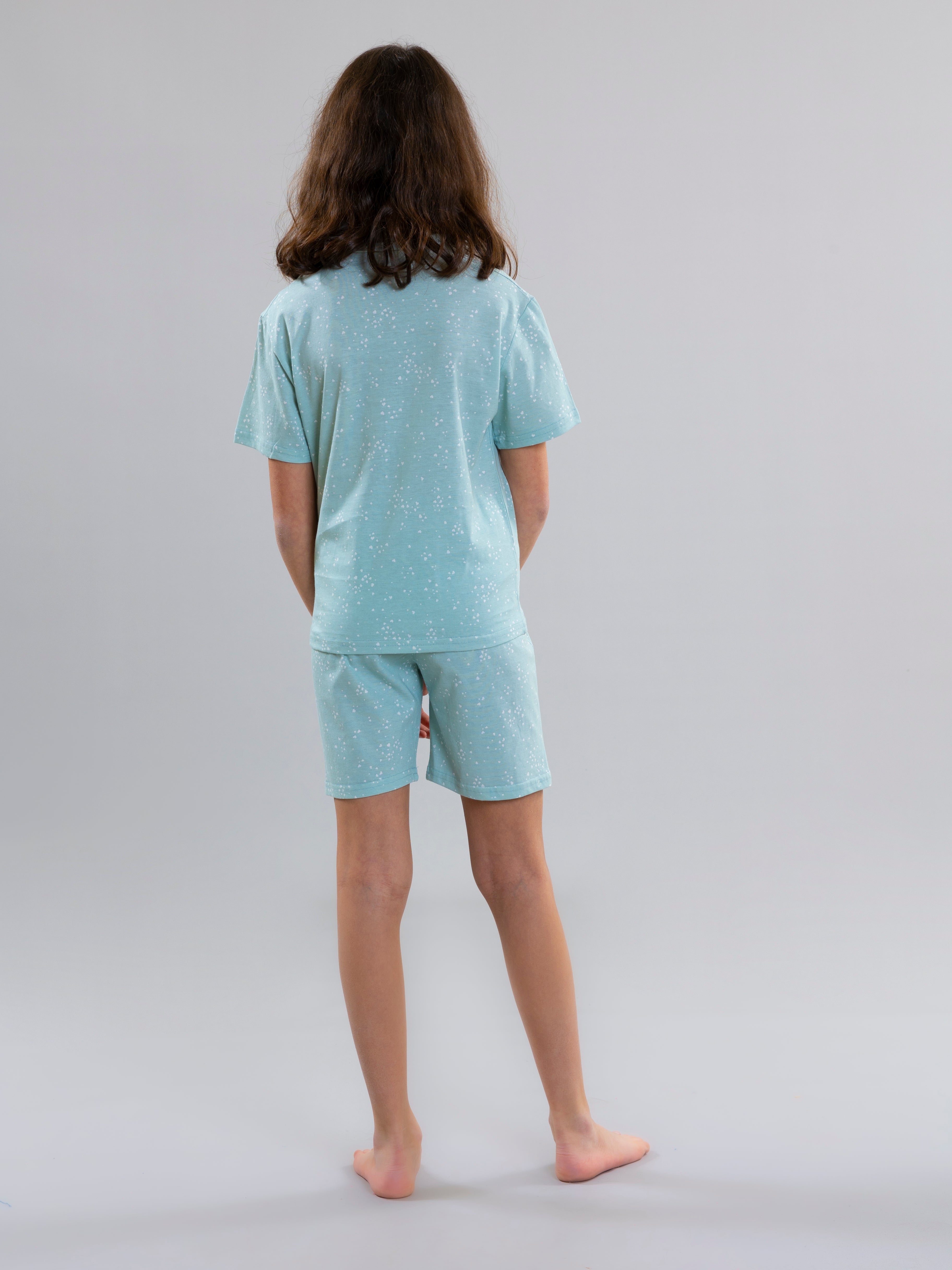 Mini Heart Design Pyjama Set For Girls - Aqua